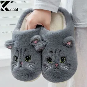 2024 New Cute Cat Slippers Fluffy Furry Women Home Slippers Men Winter Plush Slides Indoor Fuzzy Slippers Lovely Cotton Shoes