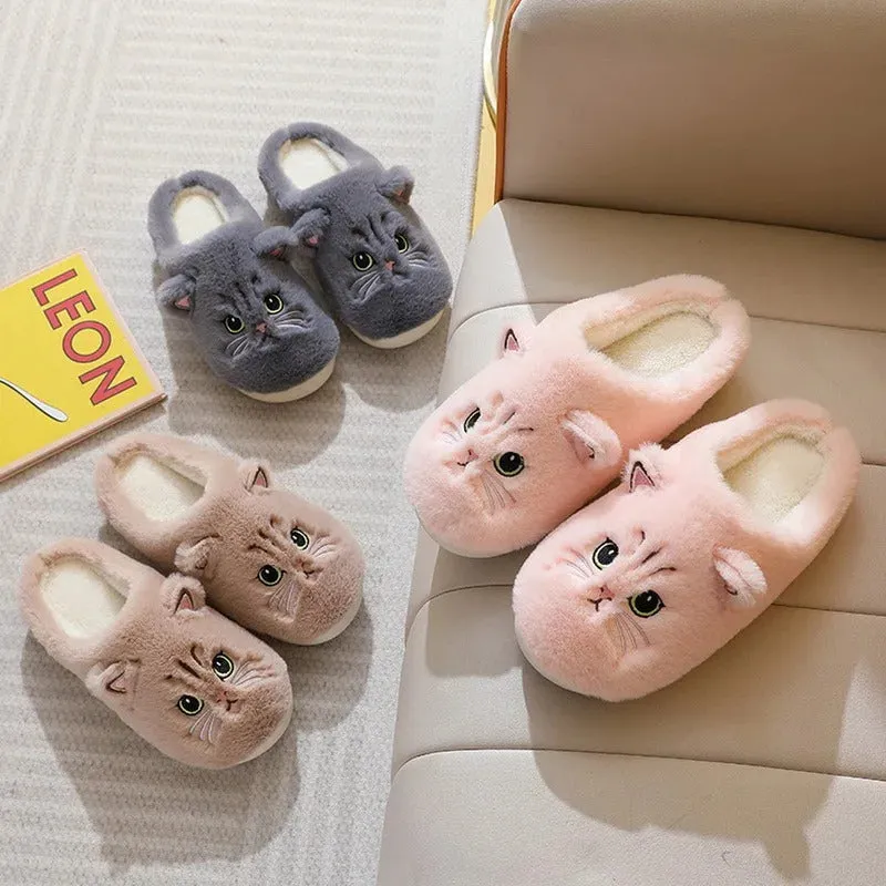 2024 New Cute Cat Slippers Fluffy Furry Women Home Slippers Men Winter Plush Slides Indoor Fuzzy Slippers Lovely Cotton Shoes