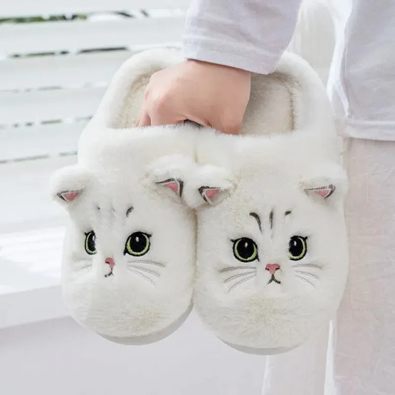 2024 New Cute Cat Slippers Fluffy Furry Women Home Slippers Men Winter Plush Slides Indoor Fuzzy Slippers Lovely Cotton Shoes