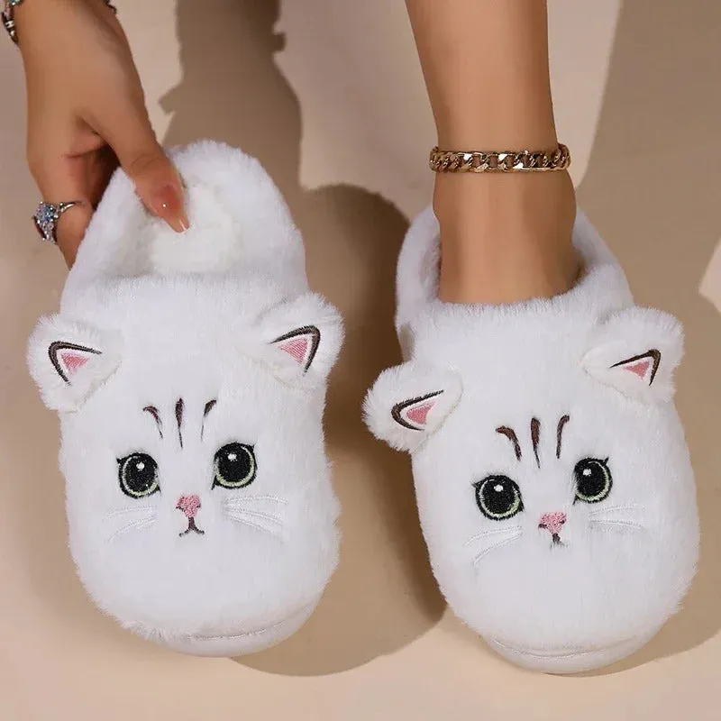 2024 New Cute Cat Slippers Fluffy Furry Women Home Slippers Men Winter Plush Slides Indoor Fuzzy Slippers Lovely Cotton Shoes