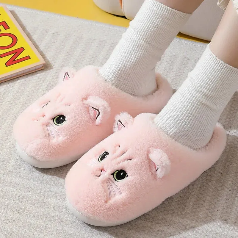 2024 New Cute Cat Slippers Fluffy Furry Women Home Slippers Men Winter Plush Slides Indoor Fuzzy Slippers Lovely Cotton Shoes