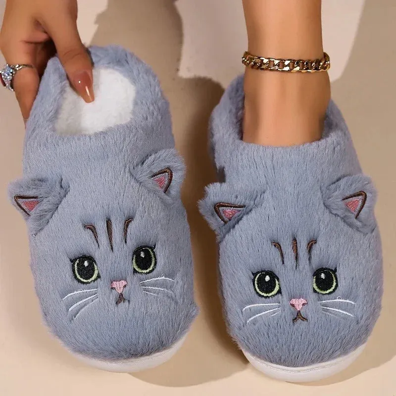 2024 New Cute Cat Slippers Fluffy Furry Women Home Slippers Men Winter Plush Slides Indoor Fuzzy Slippers Lovely Cotton Shoes