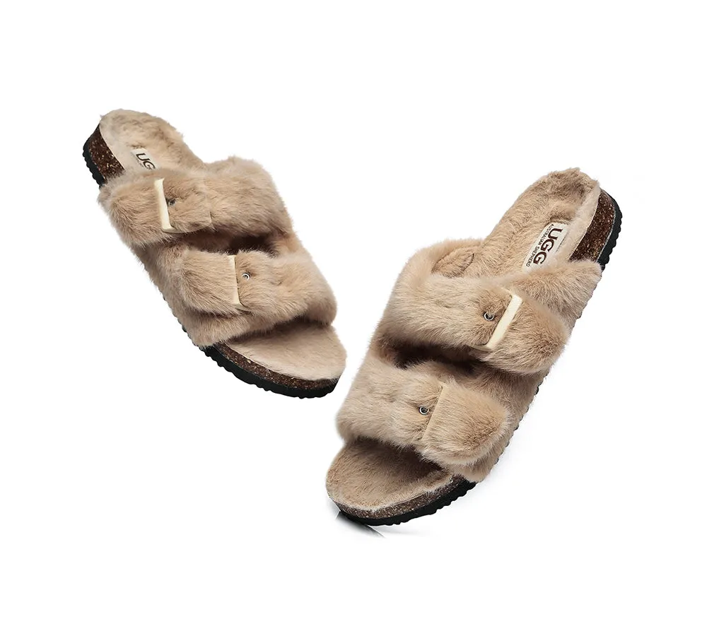 Australian Sheepskin Double Straps Fuzzy Slide Sandals