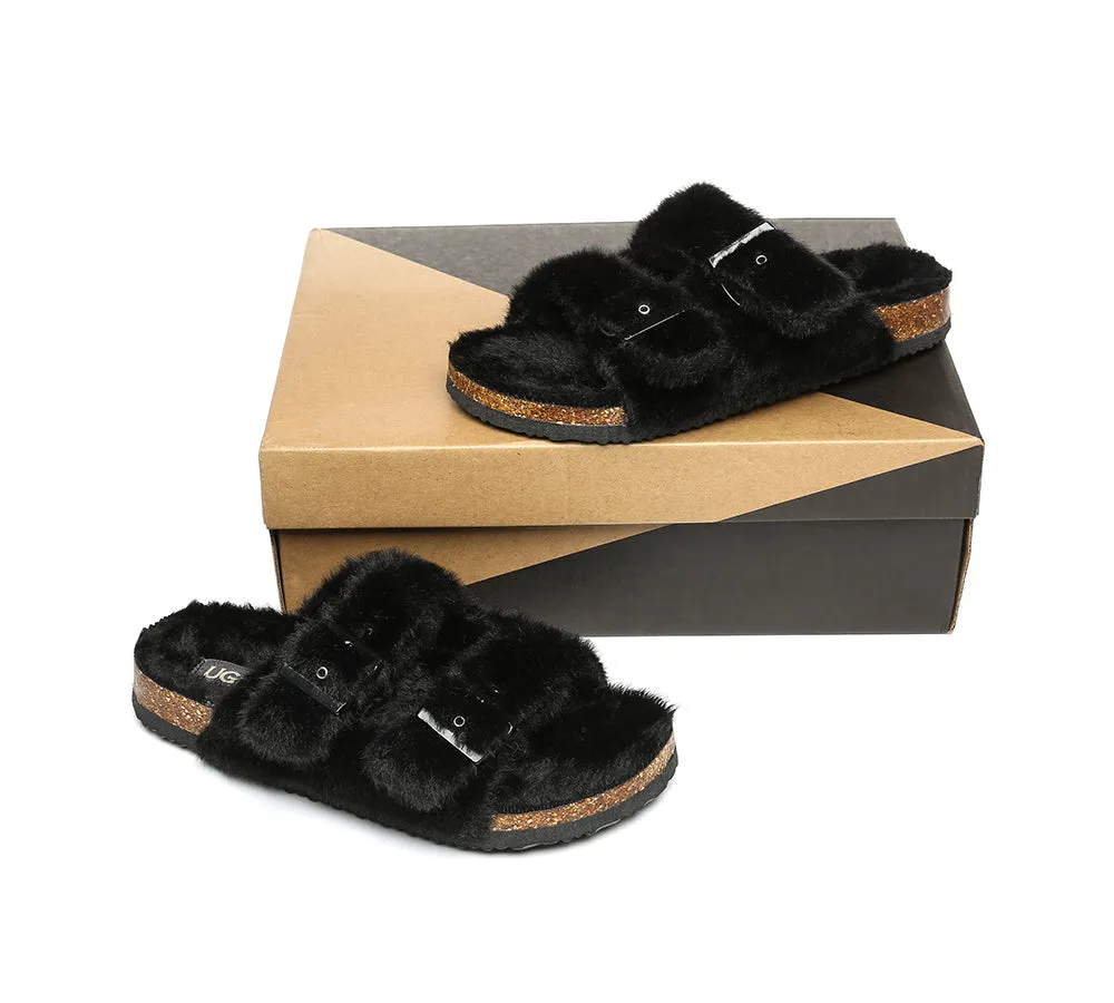 Australian Sheepskin Double Straps Fuzzy Slide Sandals