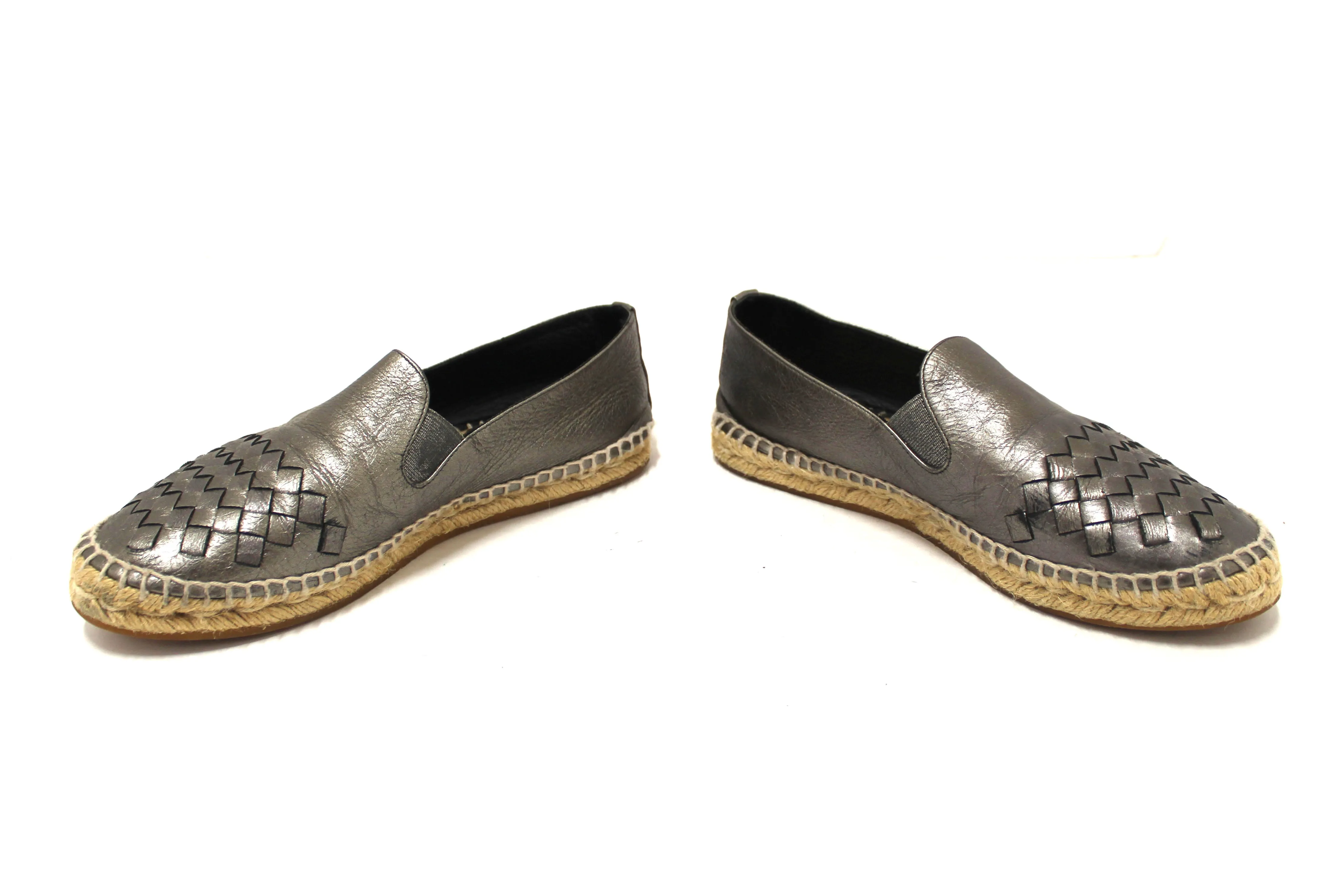 Authentic Bottega Veneta Metallic Intrecciato Leather Slip On Espadrille Flats Size 36