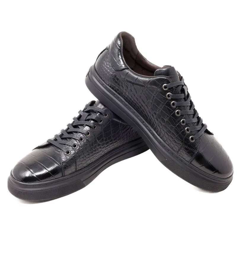 Barabas Serpent Flash Men's Black Lace-Up Casual Sneakers Genuine Leather