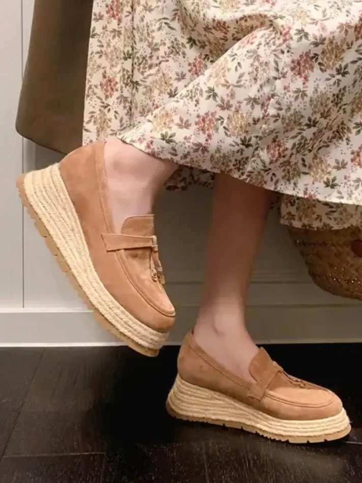 Beige apricot slip on espadrilles platform