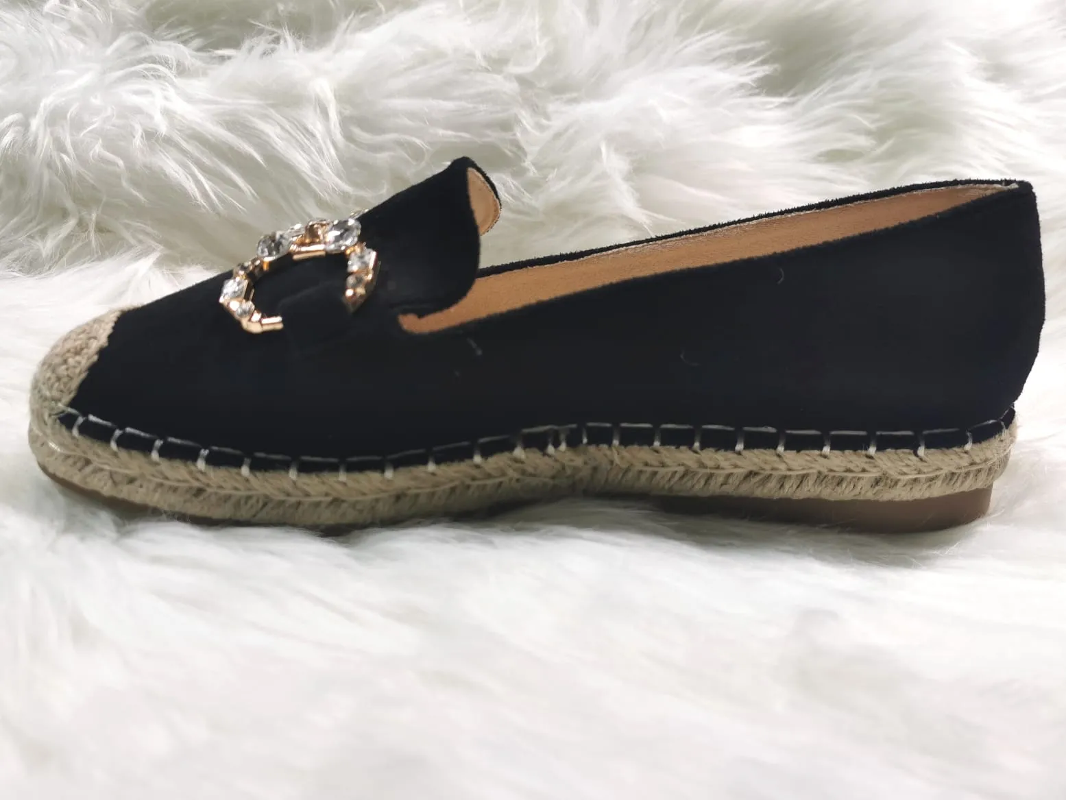 BLACK CRYSTAL EMBELLISHED FAUX SUEDE SLIP ON ESPADRILLE