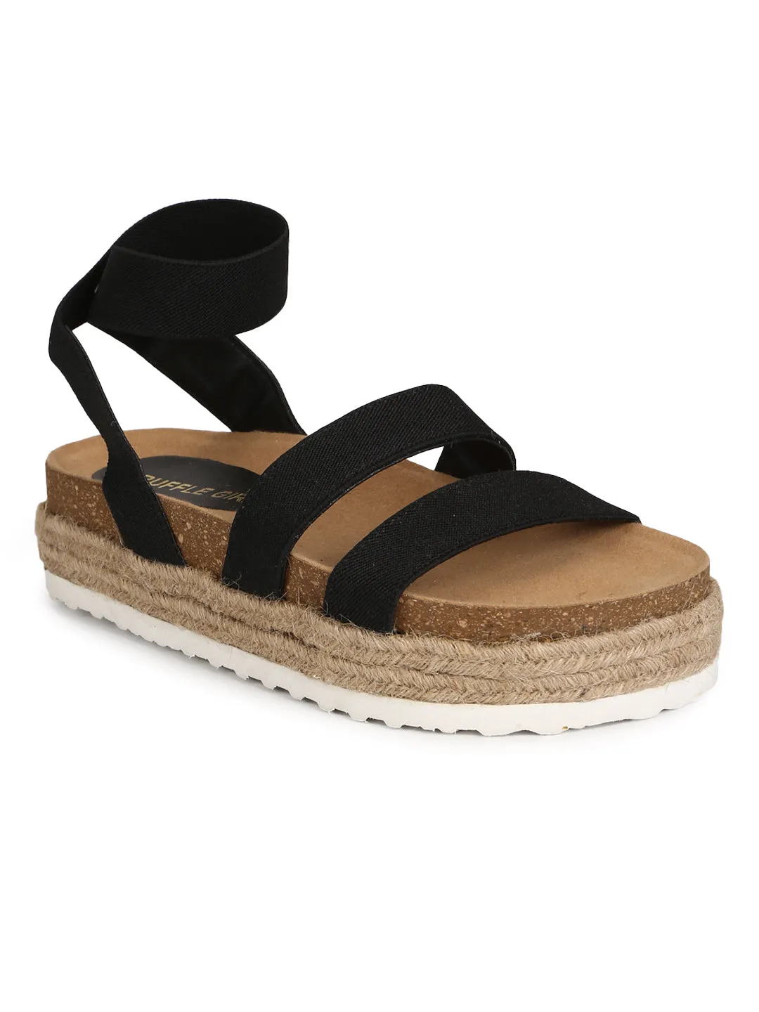 Black PU Platform Heel Espadrilles Sandals