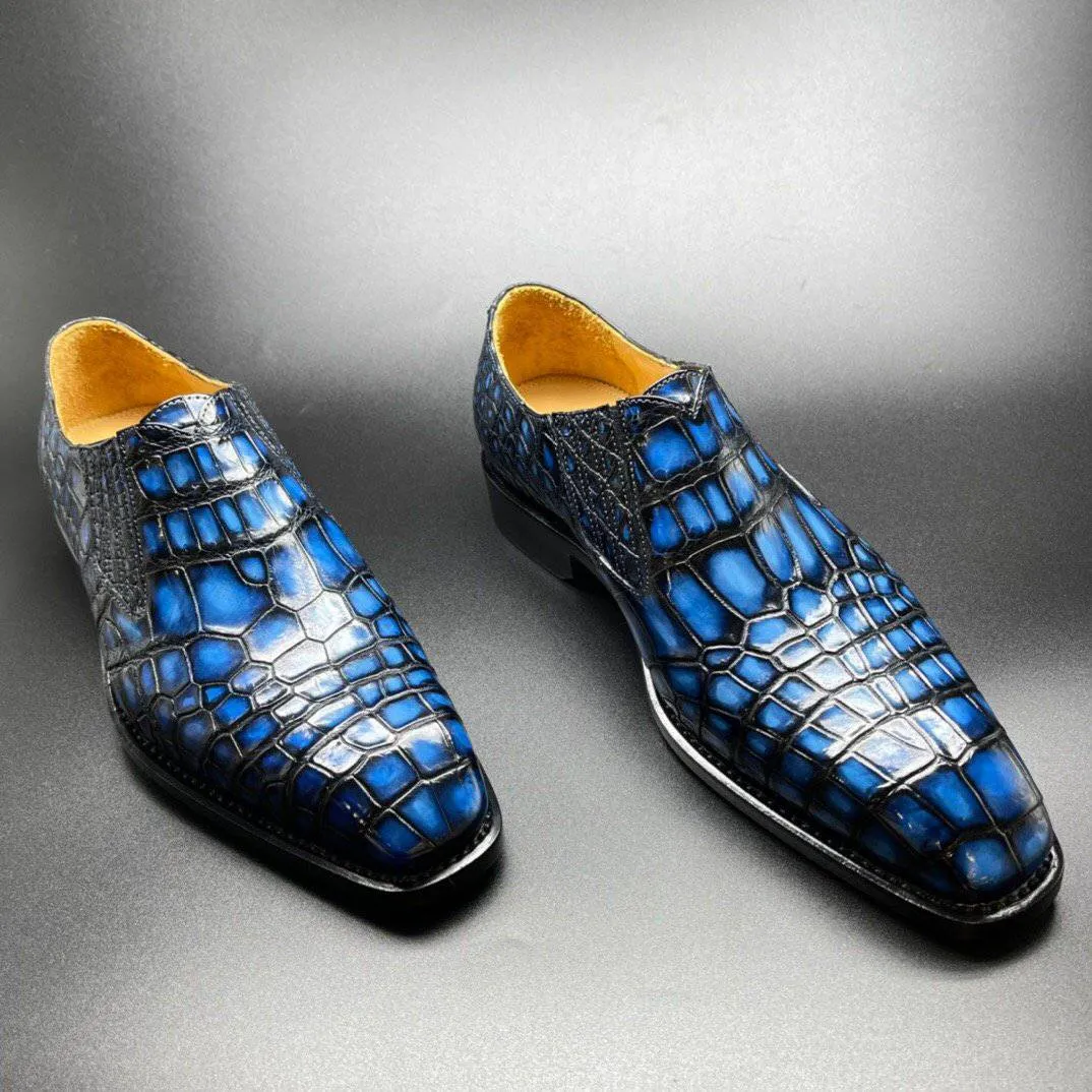 Crocodile Shoes Genuine Crocodile Leather Mens Penny Loafers Dress Shoes Hand Painted Vintage Blue