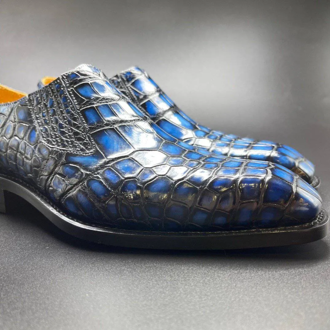 Crocodile Shoes Genuine Crocodile Leather Mens Penny Loafers Dress Shoes Hand Painted Vintage Blue