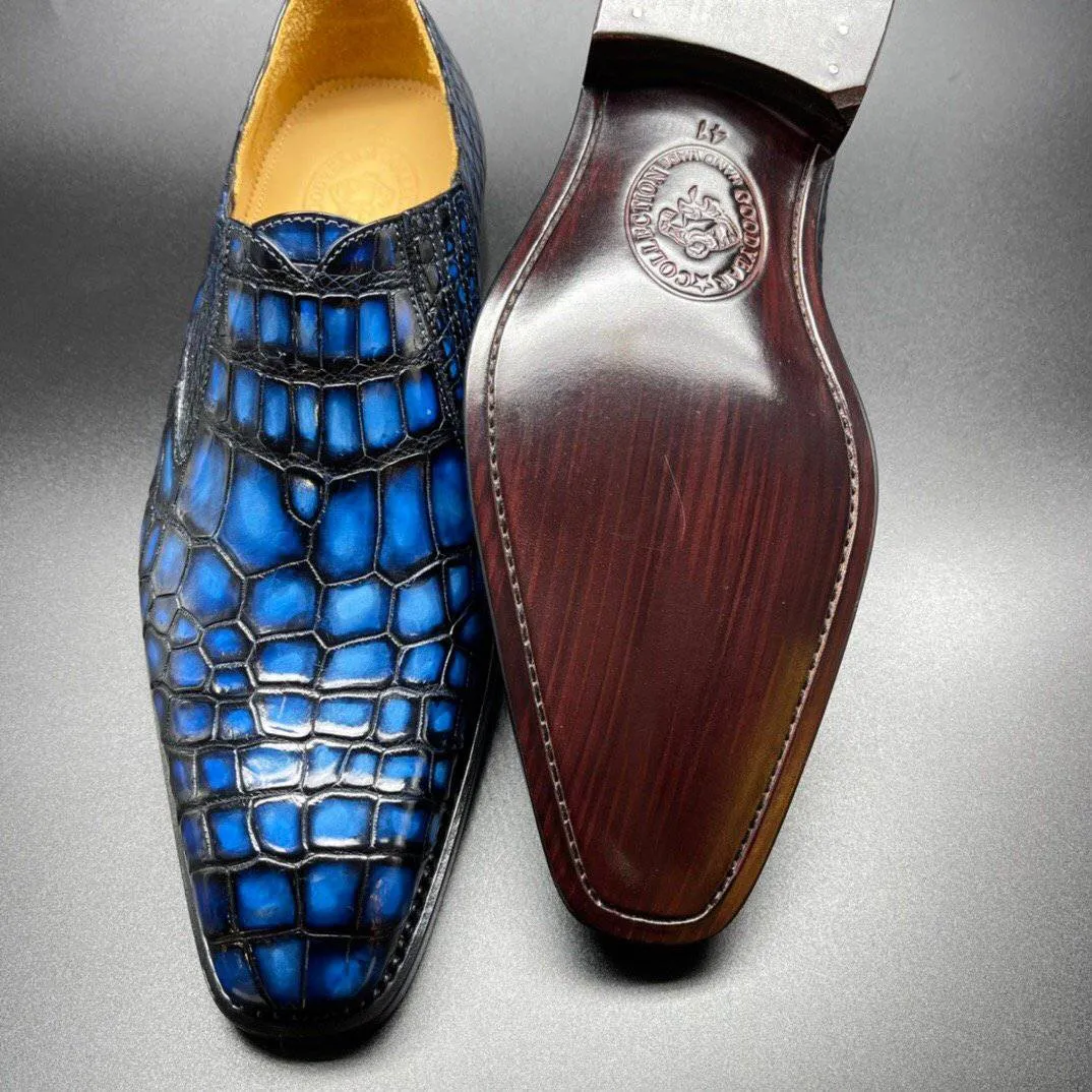 Crocodile Shoes Genuine Crocodile Leather Mens Penny Loafers Dress Shoes Hand Painted Vintage Blue