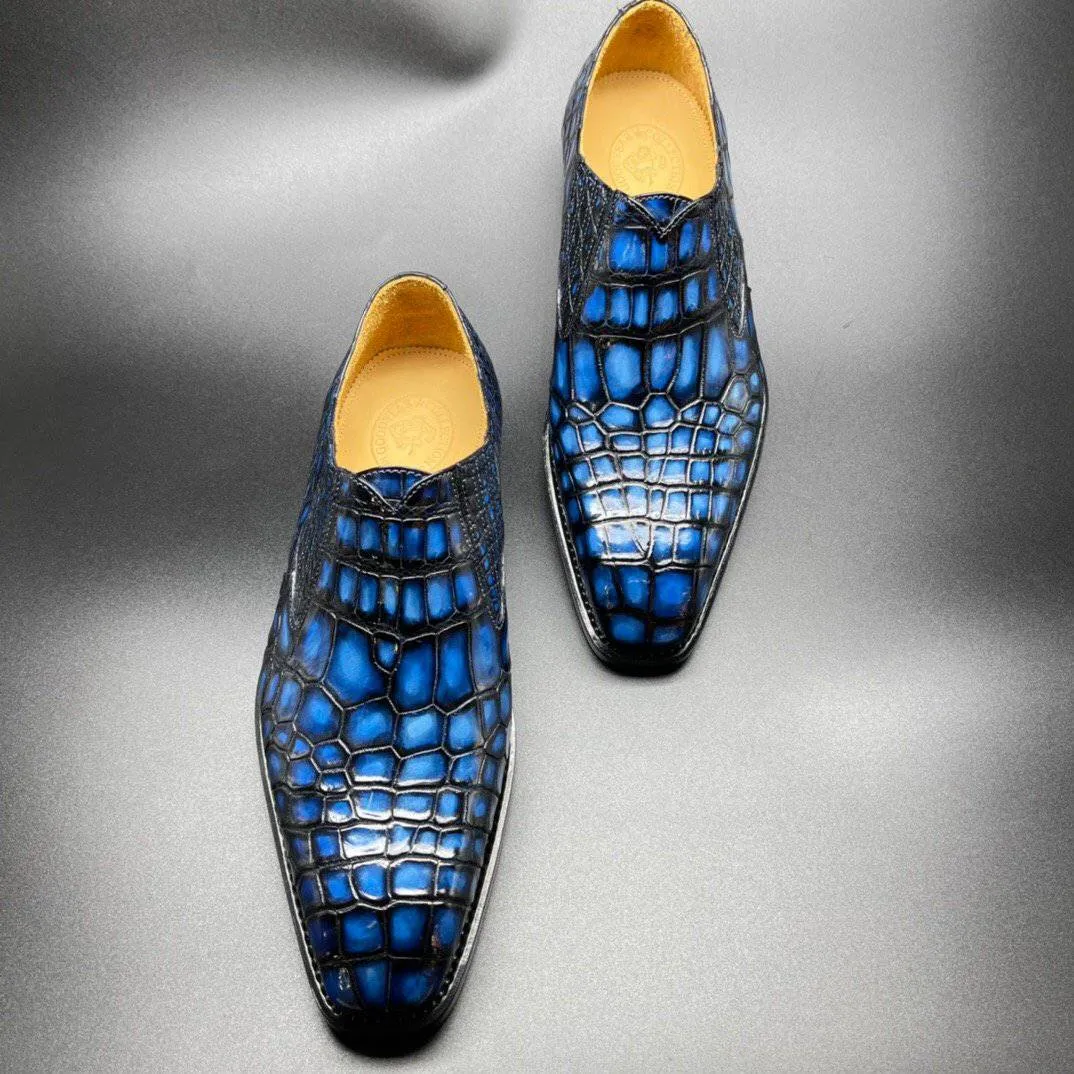 Crocodile Shoes Genuine Crocodile Leather Mens Penny Loafers Dress Shoes Hand Painted Vintage Blue