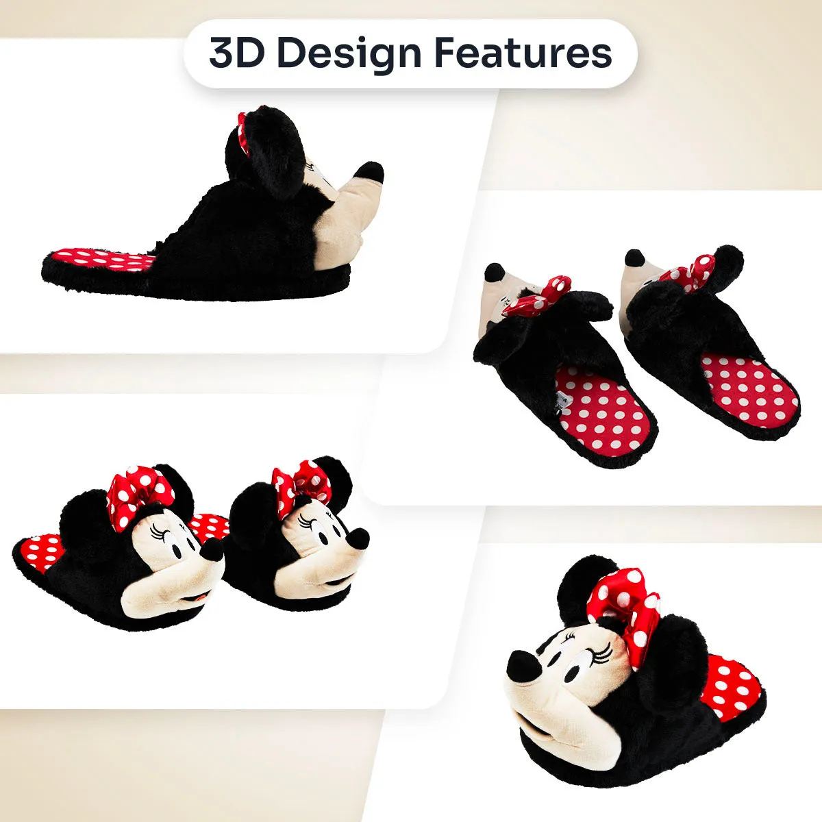 Disney Ladies Slippers,  Fluffy Indoor House Shoes - Minnie Mouse