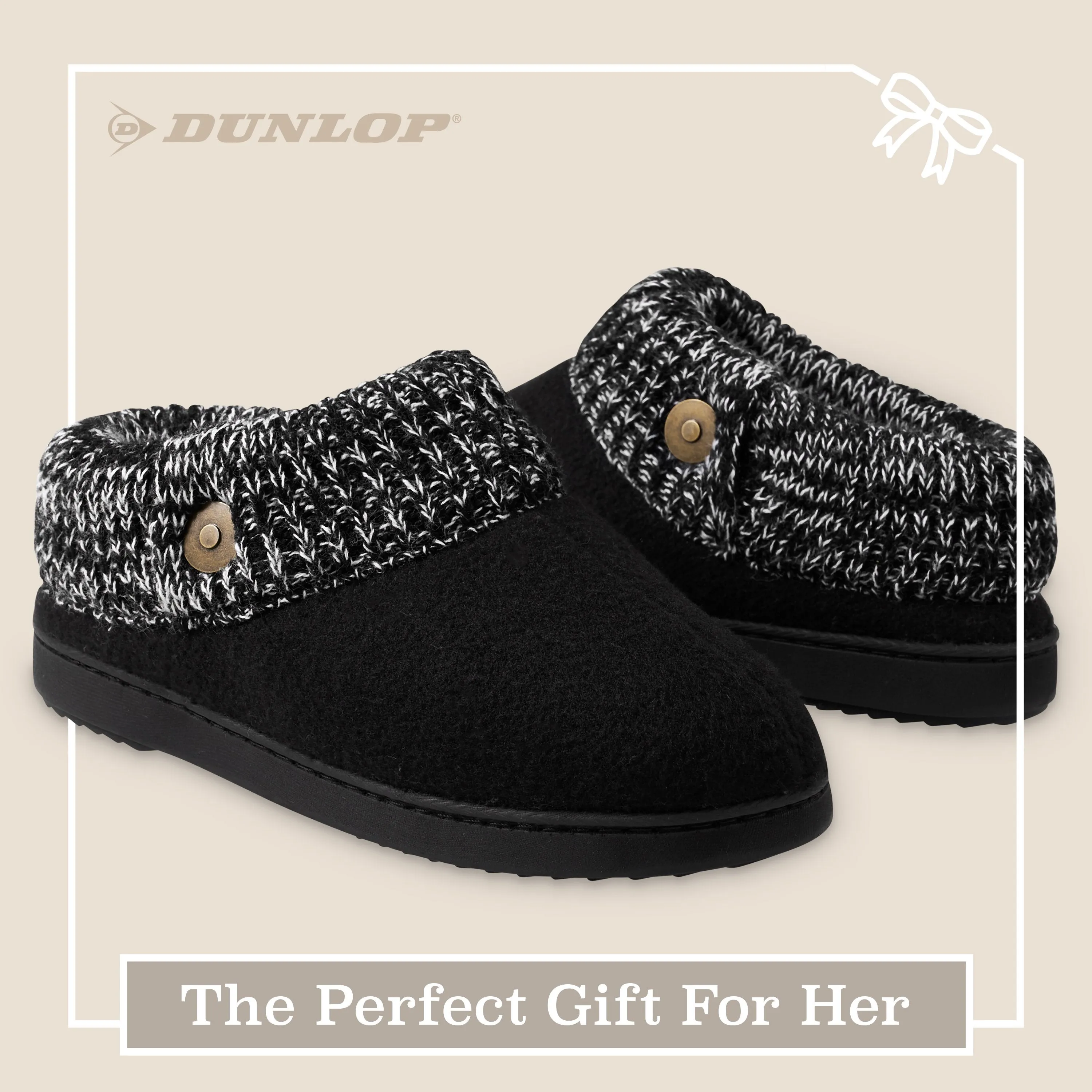 Dunlop Ladies Slippers, Memory Foam Fleece Lined House Shoes, Non Slip Rubber Sole