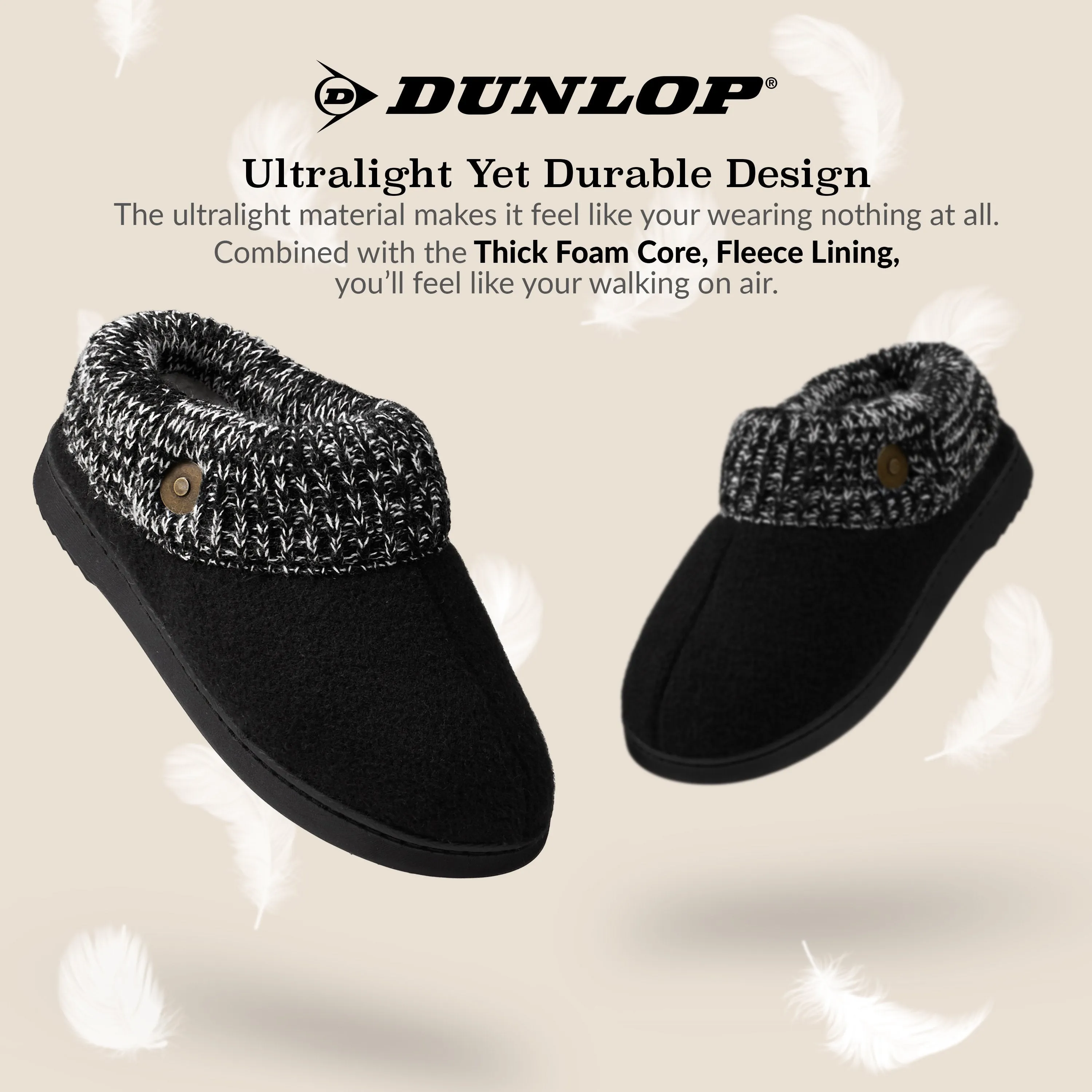 Dunlop Ladies Slippers, Memory Foam Fleece Lined House Shoes, Non Slip Rubber Sole