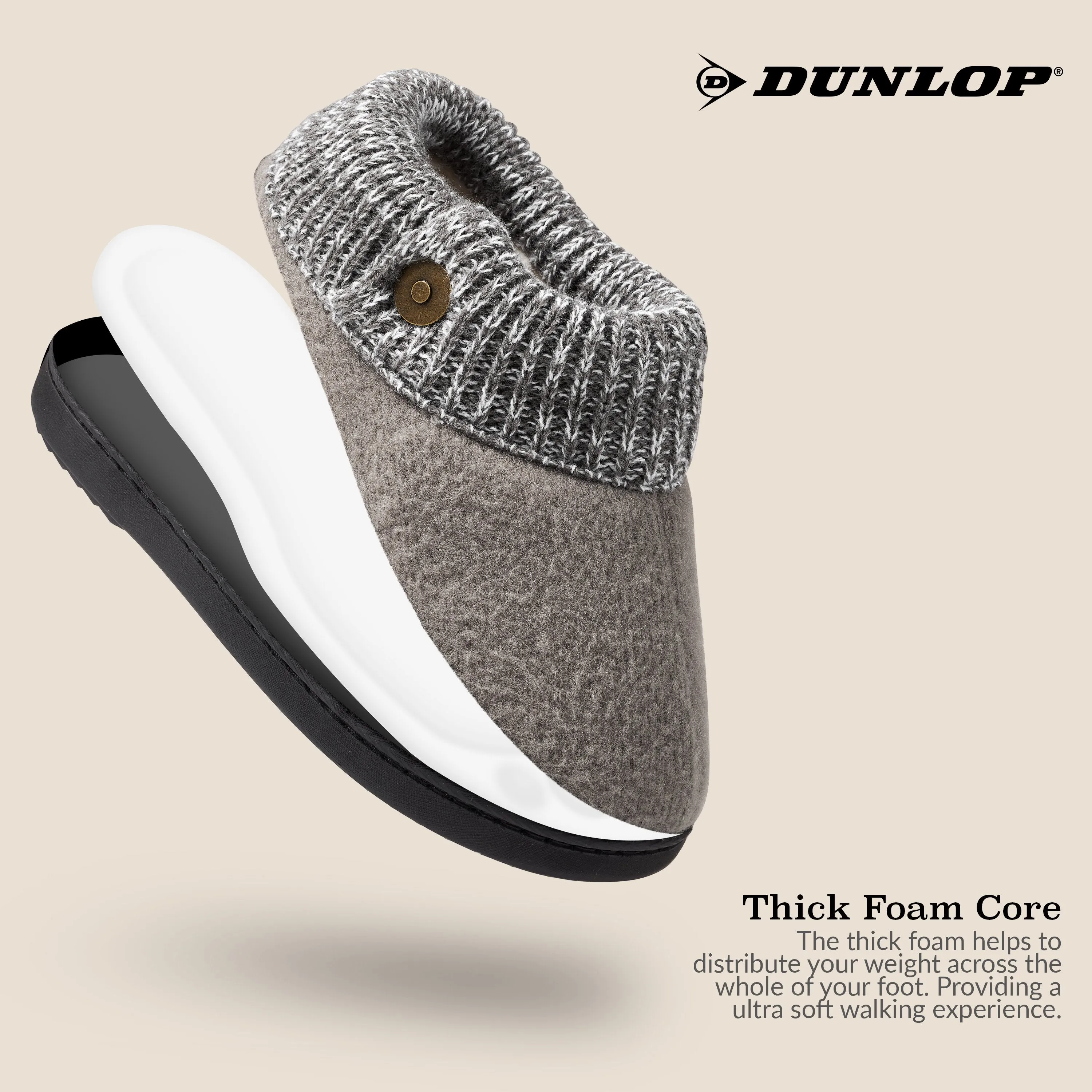 Dunlop Ladies Slippers, Memory Foam Fleece Lined House Shoes, Non Slip Rubber Sole