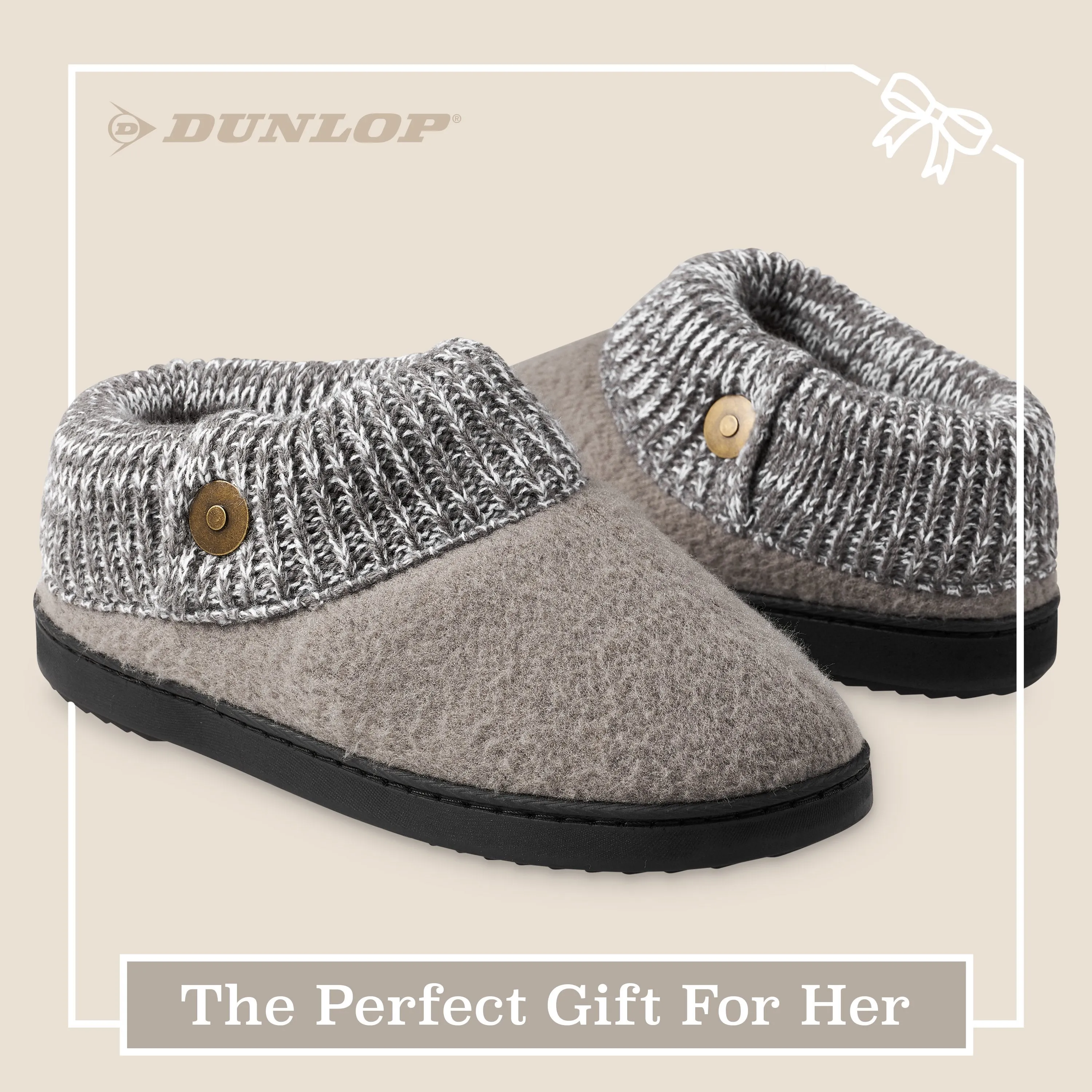 Dunlop Ladies Slippers, Memory Foam Fleece Lined House Shoes, Non Slip Rubber Sole