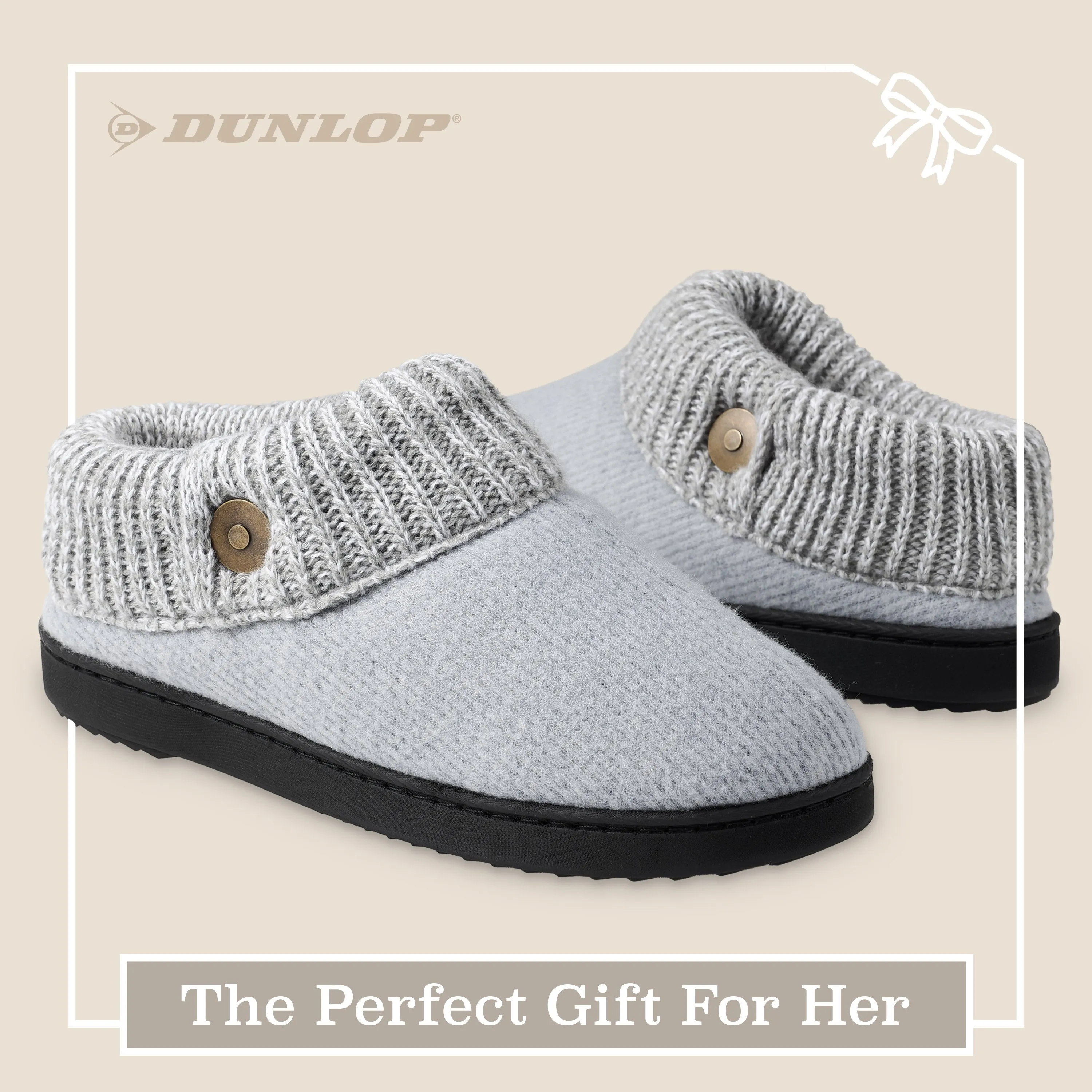 Dunlop Ladies Slippers, Memory Foam Fleece Lined House Shoes, Non Slip Rubber Sole