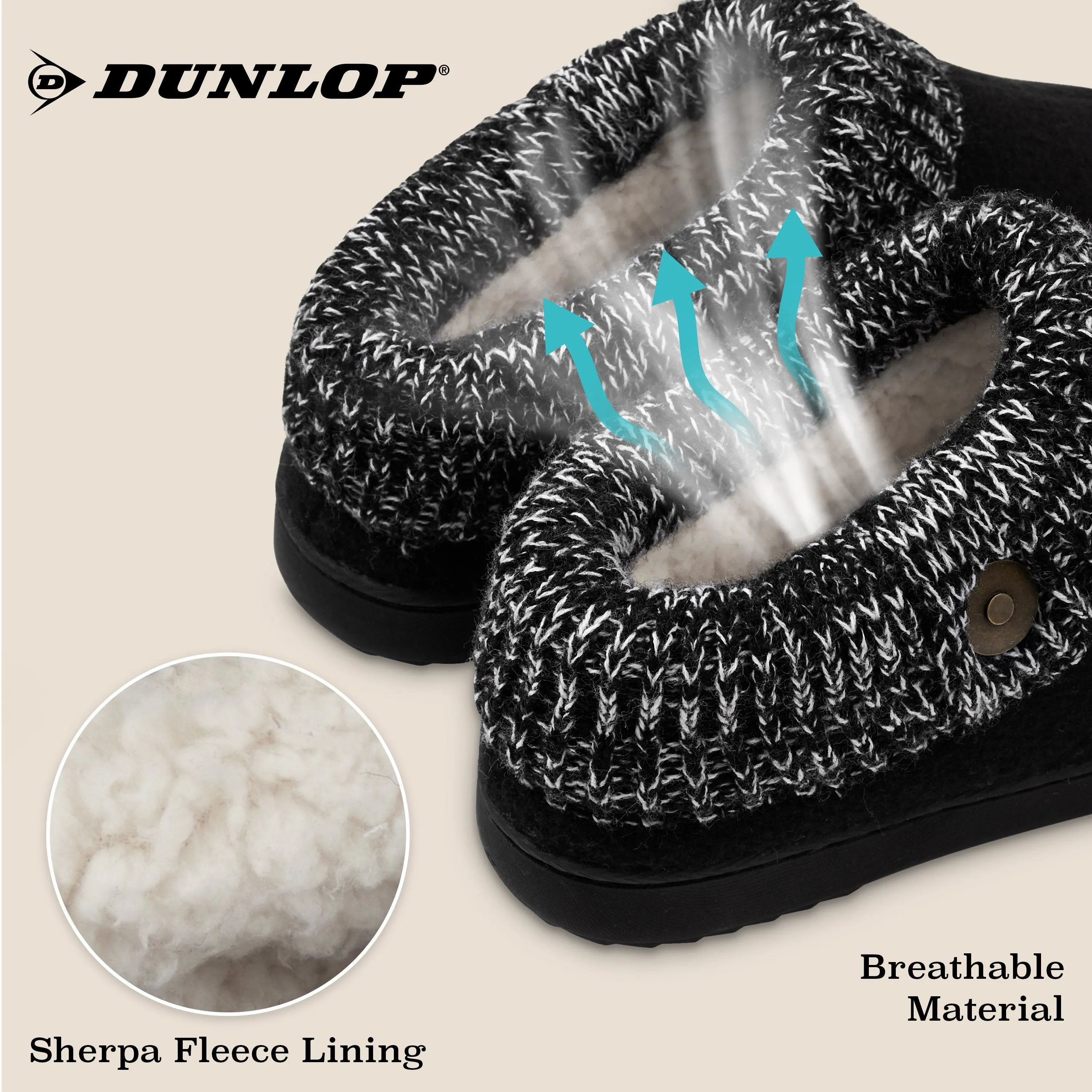 Dunlop Ladies Slippers, Memory Foam Fleece Lined House Shoes, Non Slip Rubber Sole