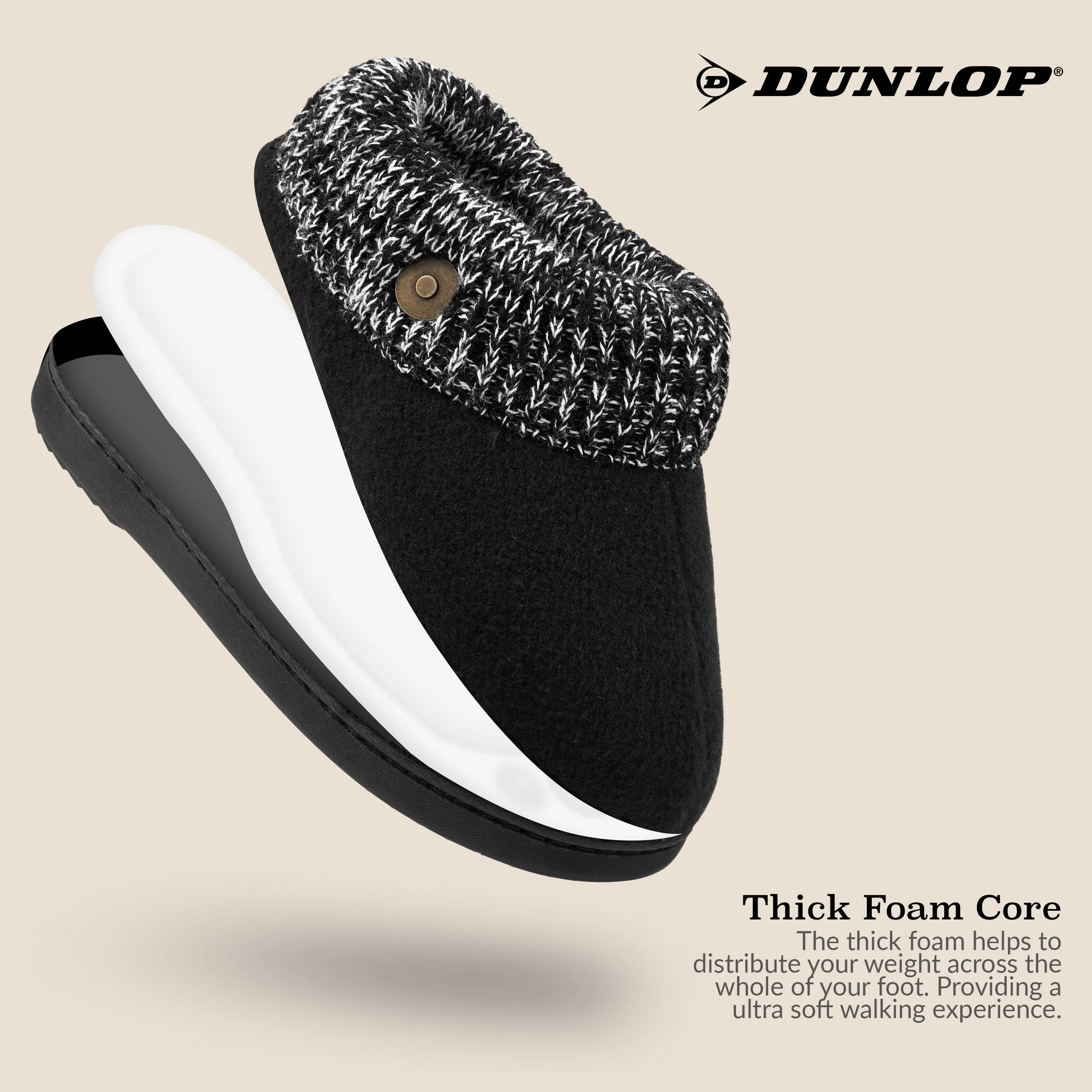 Dunlop Ladies Slippers, Memory Foam Fleece Lined House Shoes, Non Slip Rubber Sole