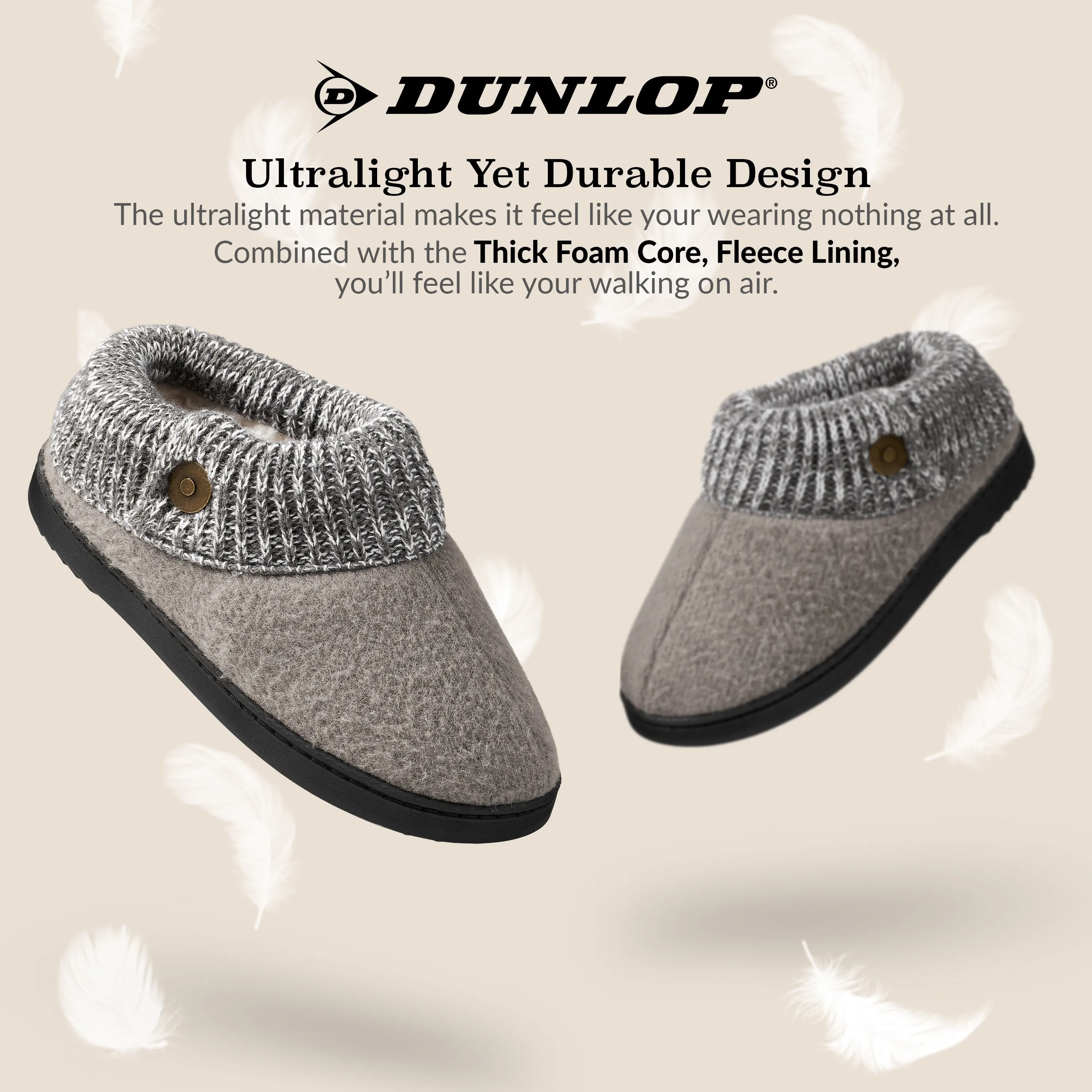 Dunlop Ladies Slippers, Memory Foam Fleece Lined House Shoes, Non Slip Rubber Sole