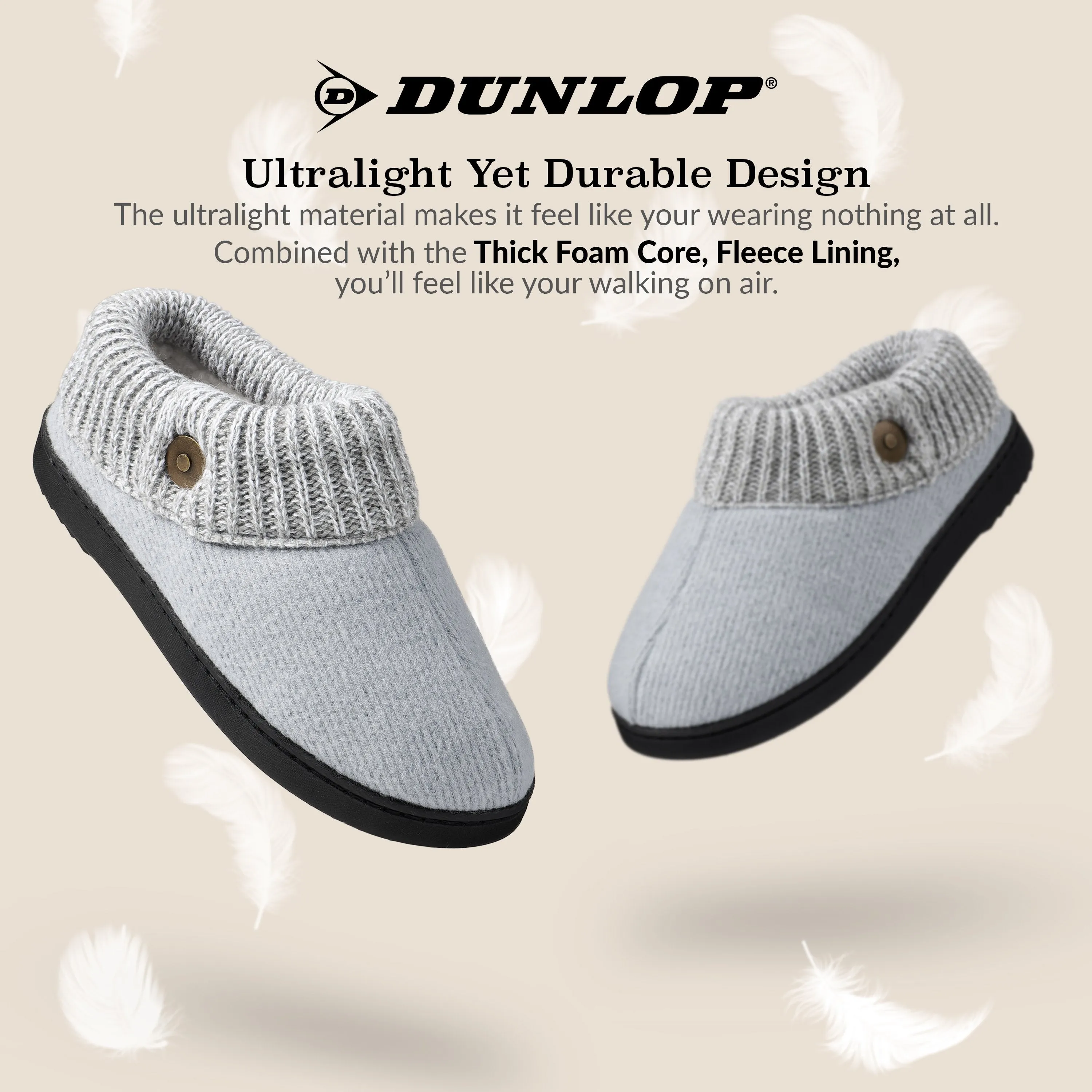 Dunlop Ladies Slippers, Memory Foam Fleece Lined House Shoes, Non Slip Rubber Sole