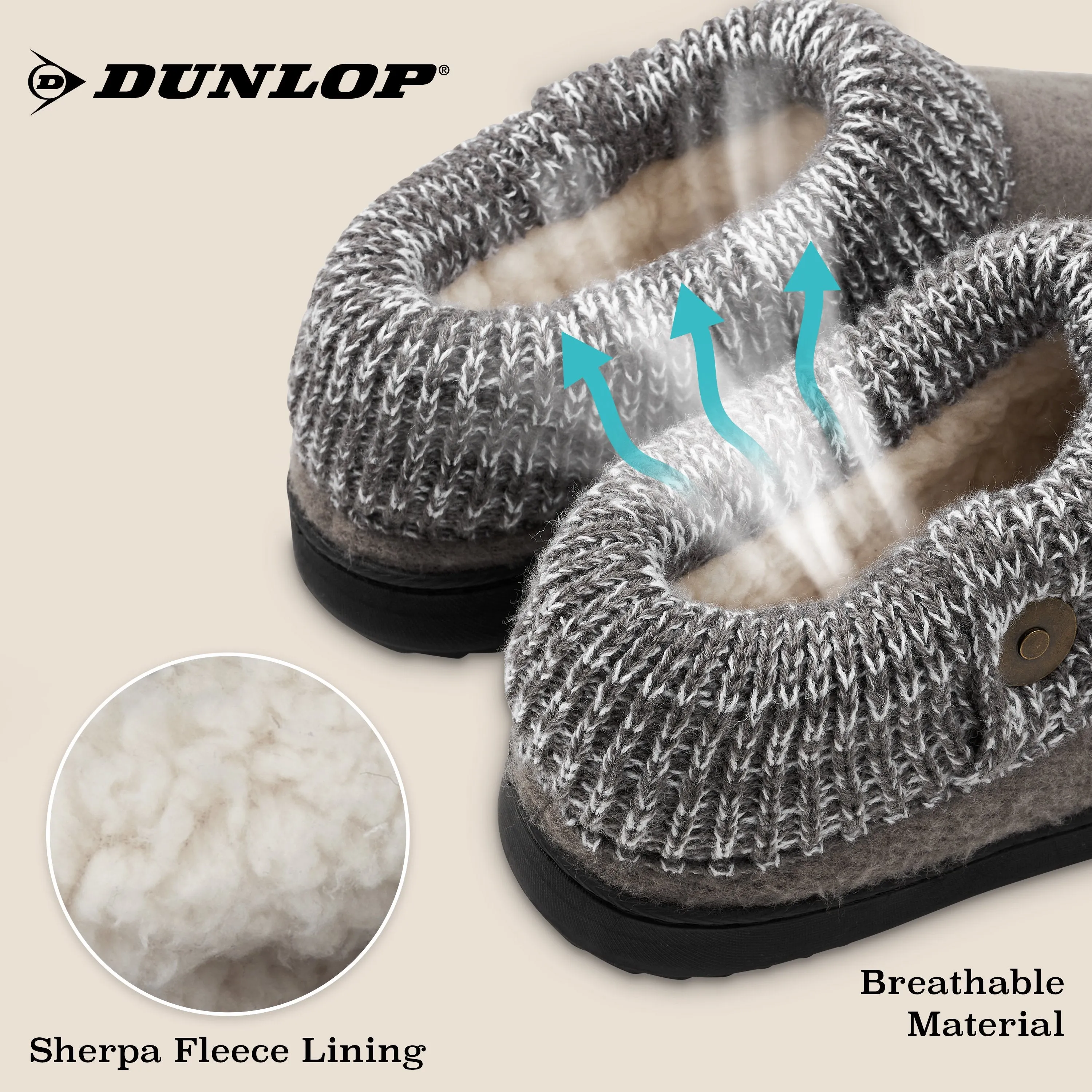 Dunlop Ladies Slippers, Memory Foam Fleece Lined House Shoes, Non Slip Rubber Sole