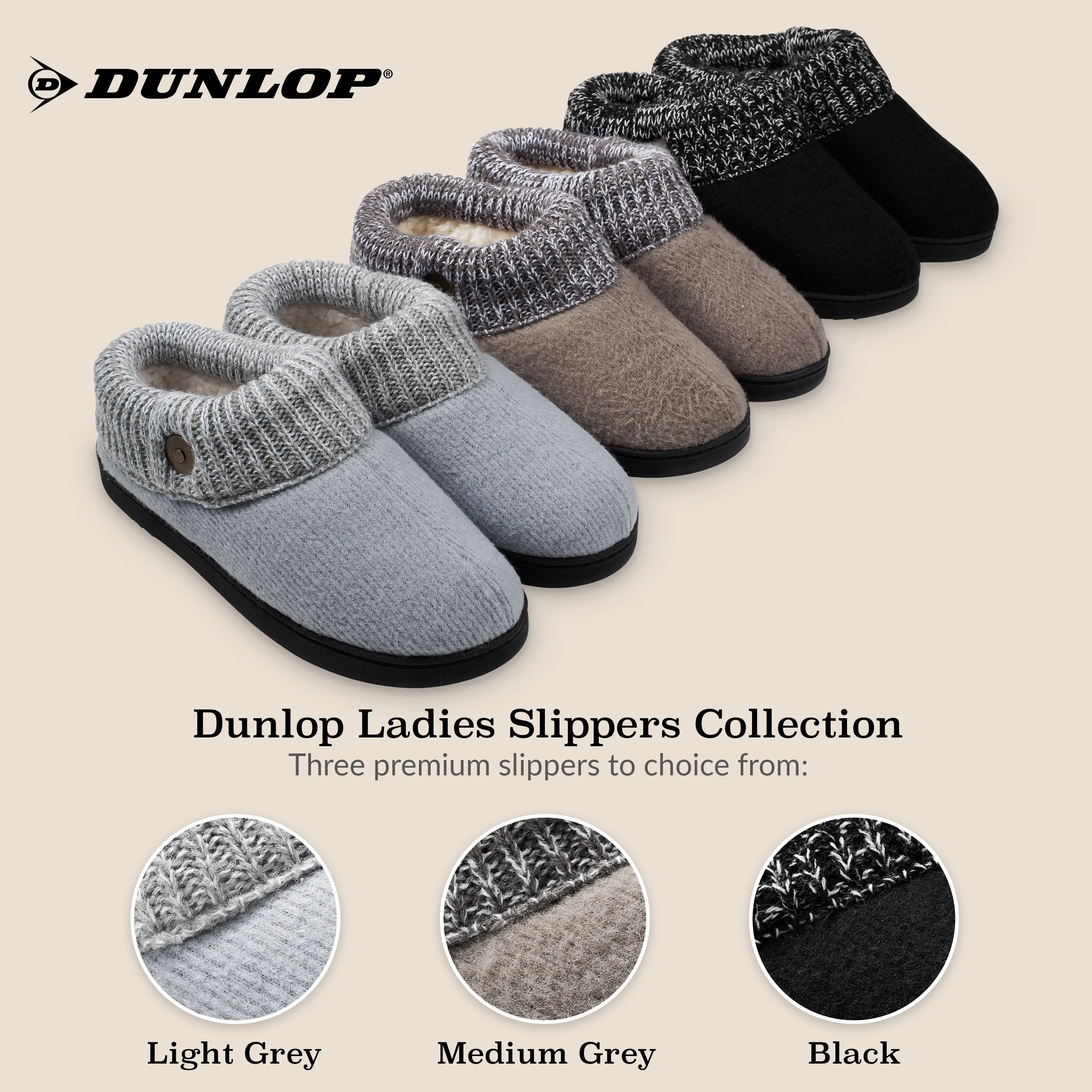 Dunlop Ladies Slippers, Memory Foam Fleece Lined House Shoes, Non Slip Rubber Sole