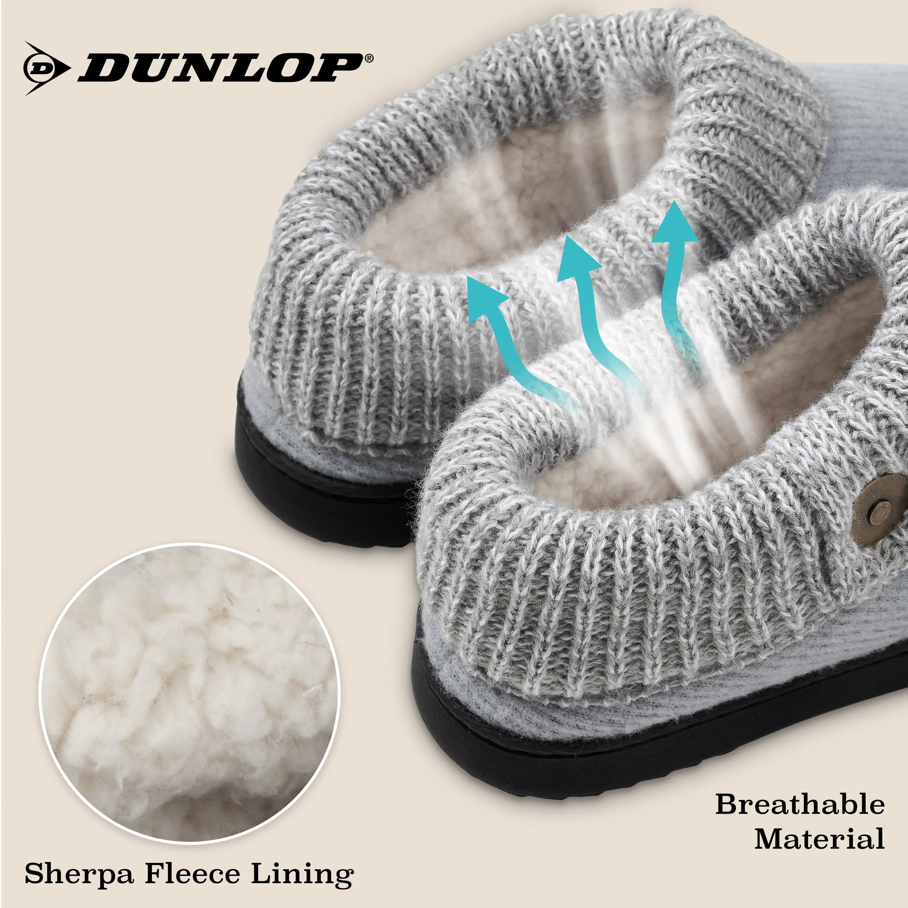 Dunlop Ladies Slippers, Memory Foam Fleece Lined House Shoes, Non Slip Rubber Sole