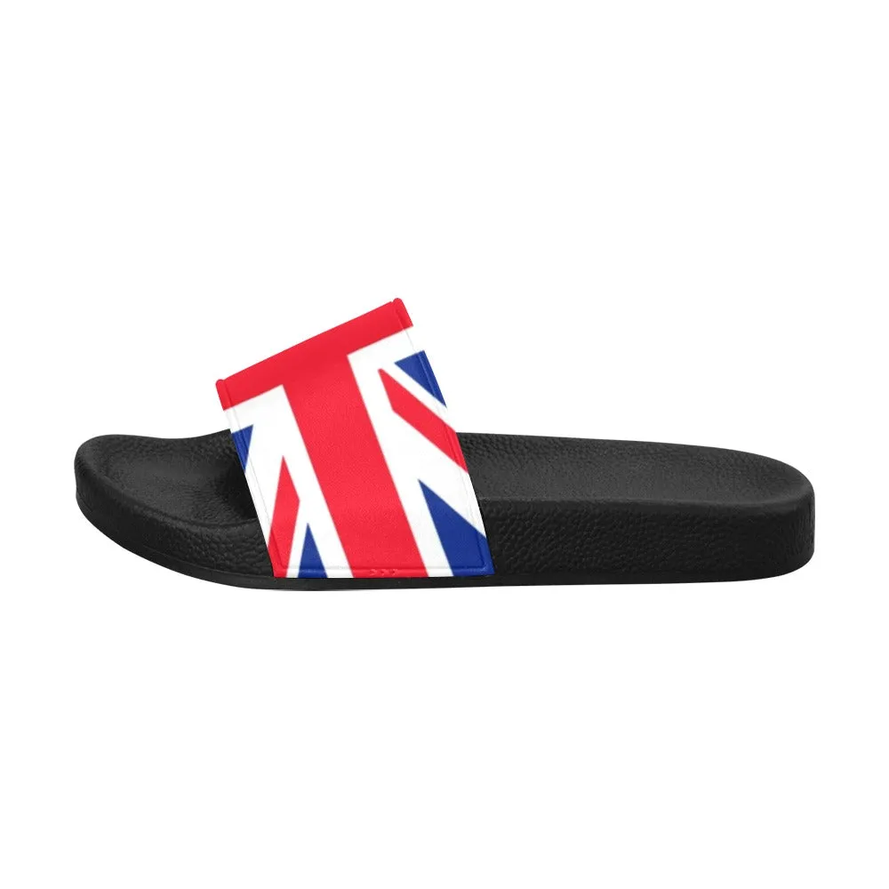 England Women Slide Sandals, Union Jack United Kingdom Flag Country British Shoe Red White Blue Designer Wedge Slippers Flip Flops Slip On