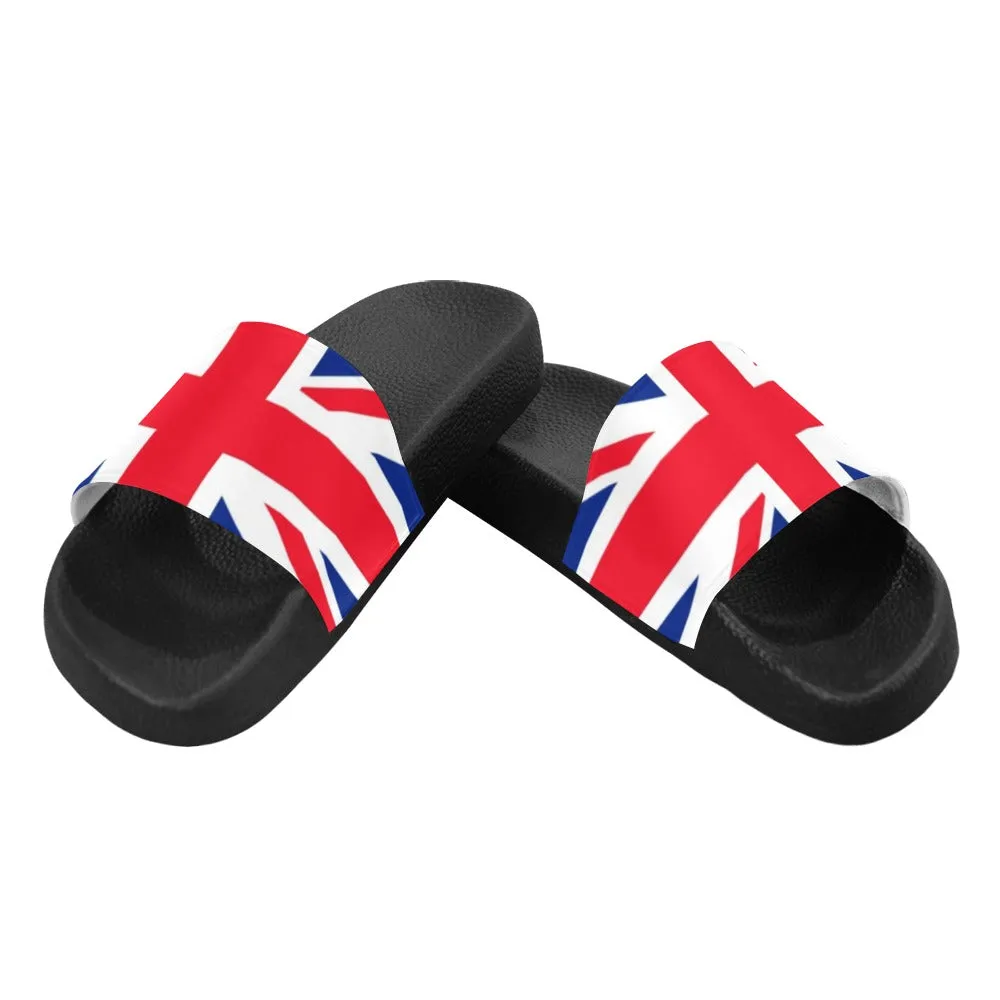 England Women Slide Sandals, Union Jack United Kingdom Flag Country British Shoe Red White Blue Designer Wedge Slippers Flip Flops Slip On