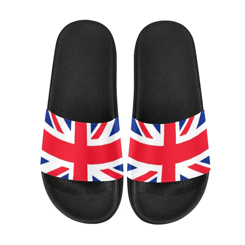 England Women Slide Sandals, Union Jack United Kingdom Flag Country British Shoe Red White Blue Designer Wedge Slippers Flip Flops Slip On