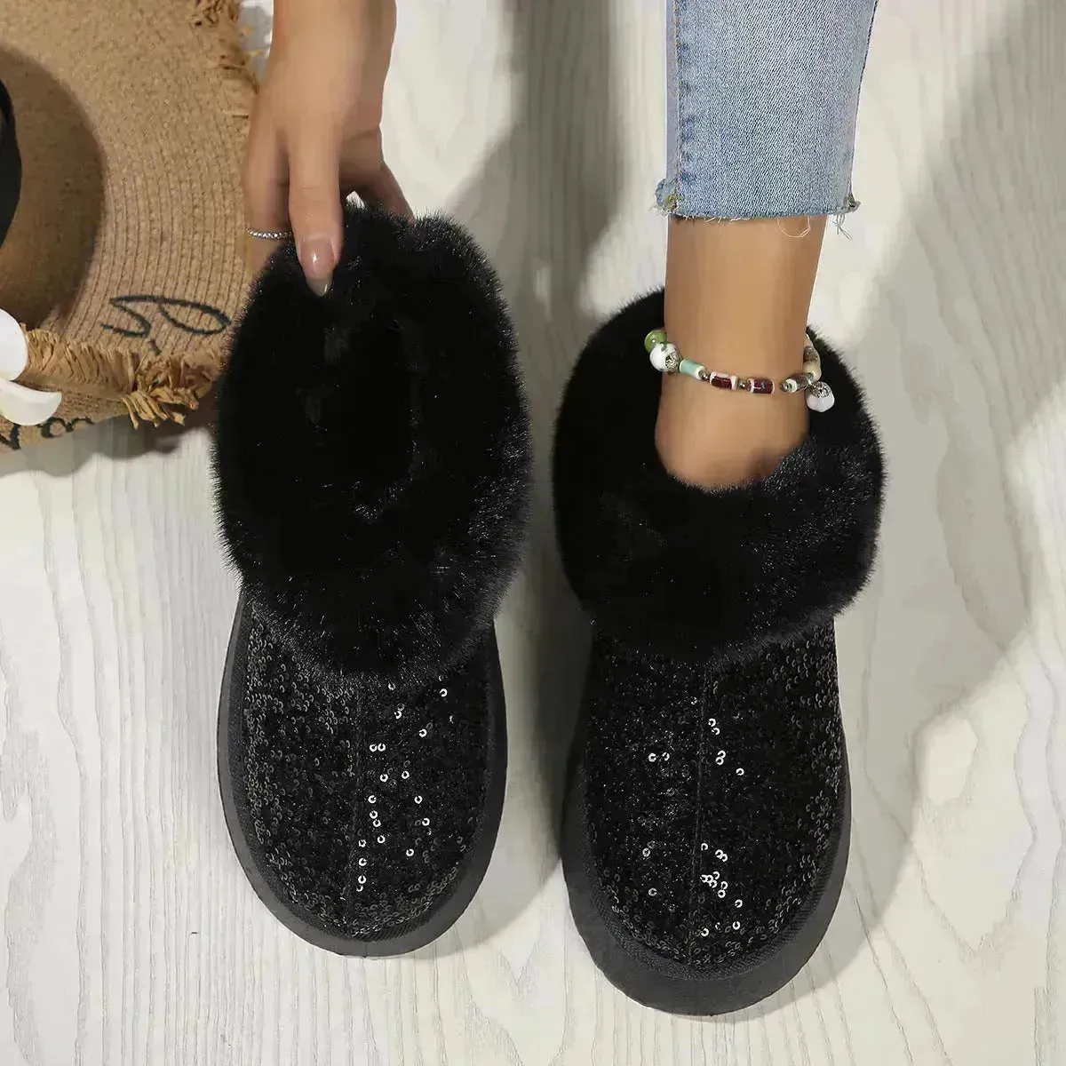 Fashion Sequined Autumn and Winter Fleece Lined Plush indoor outdoor slippers