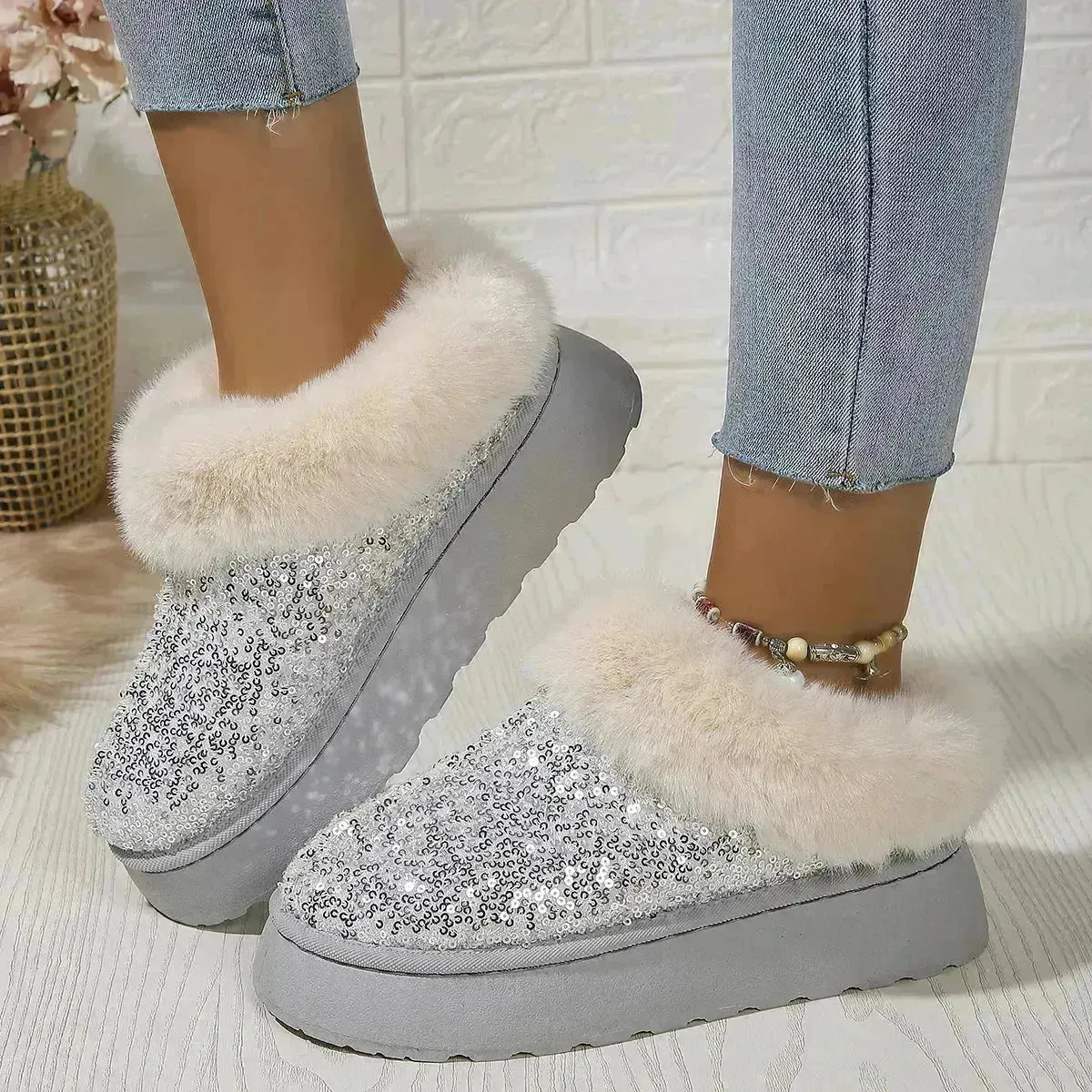 Fashion Sequined Autumn and Winter Fleece Lined Plush indoor outdoor slippers