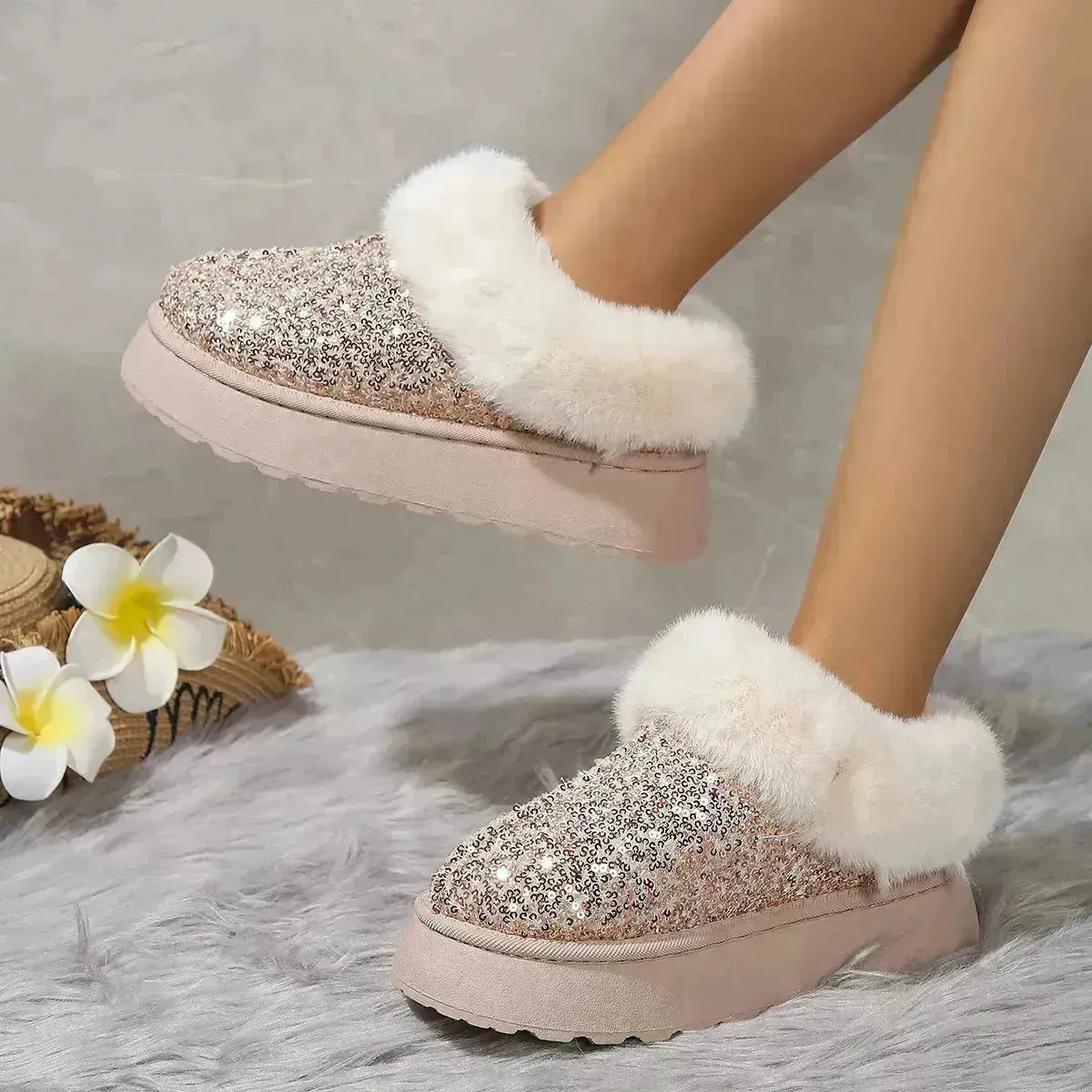 Fashion Sequined Autumn and Winter Fleece Lined Plush indoor outdoor slippers