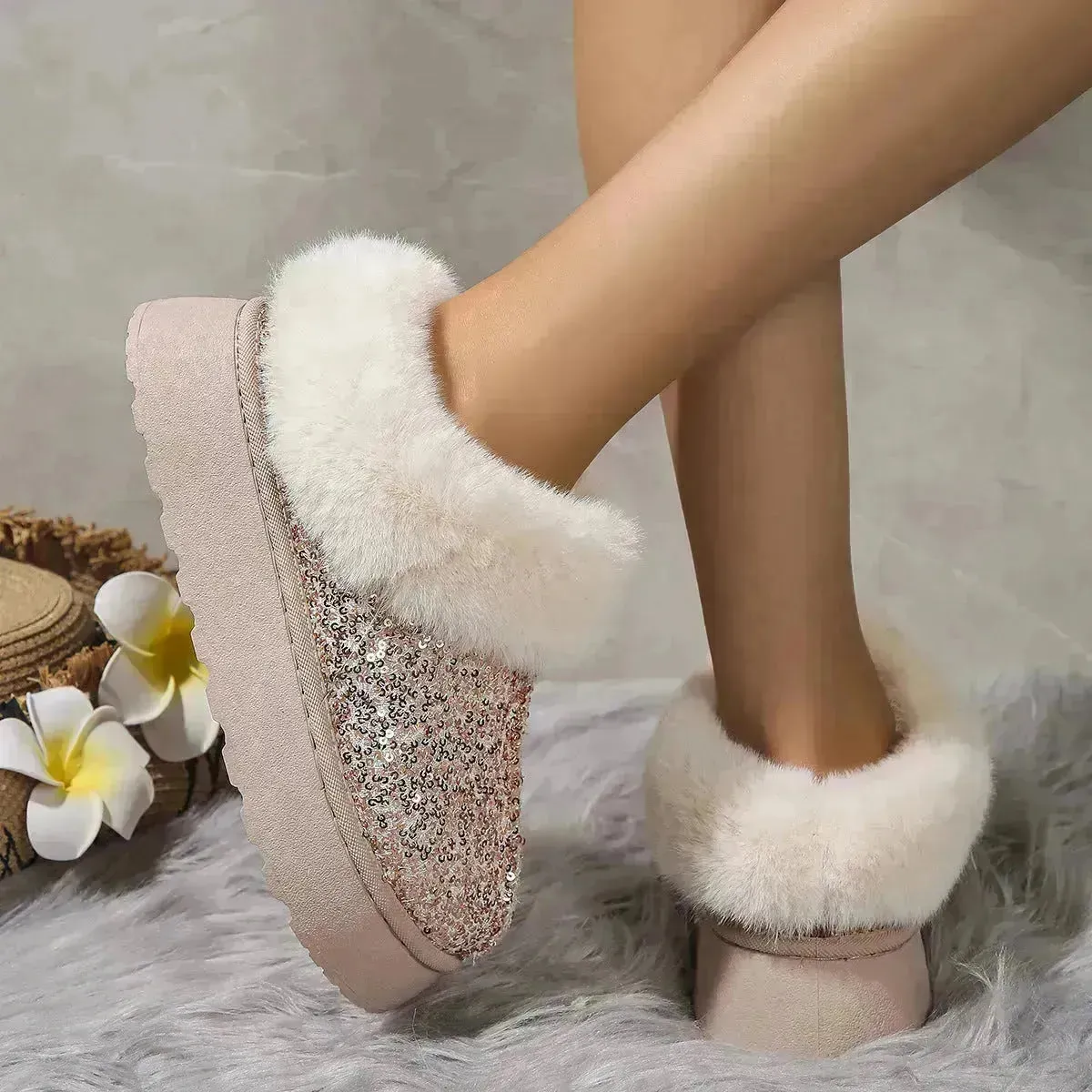 Fashion Sequined Autumn and Winter Fleece Lined Plush indoor outdoor slippers