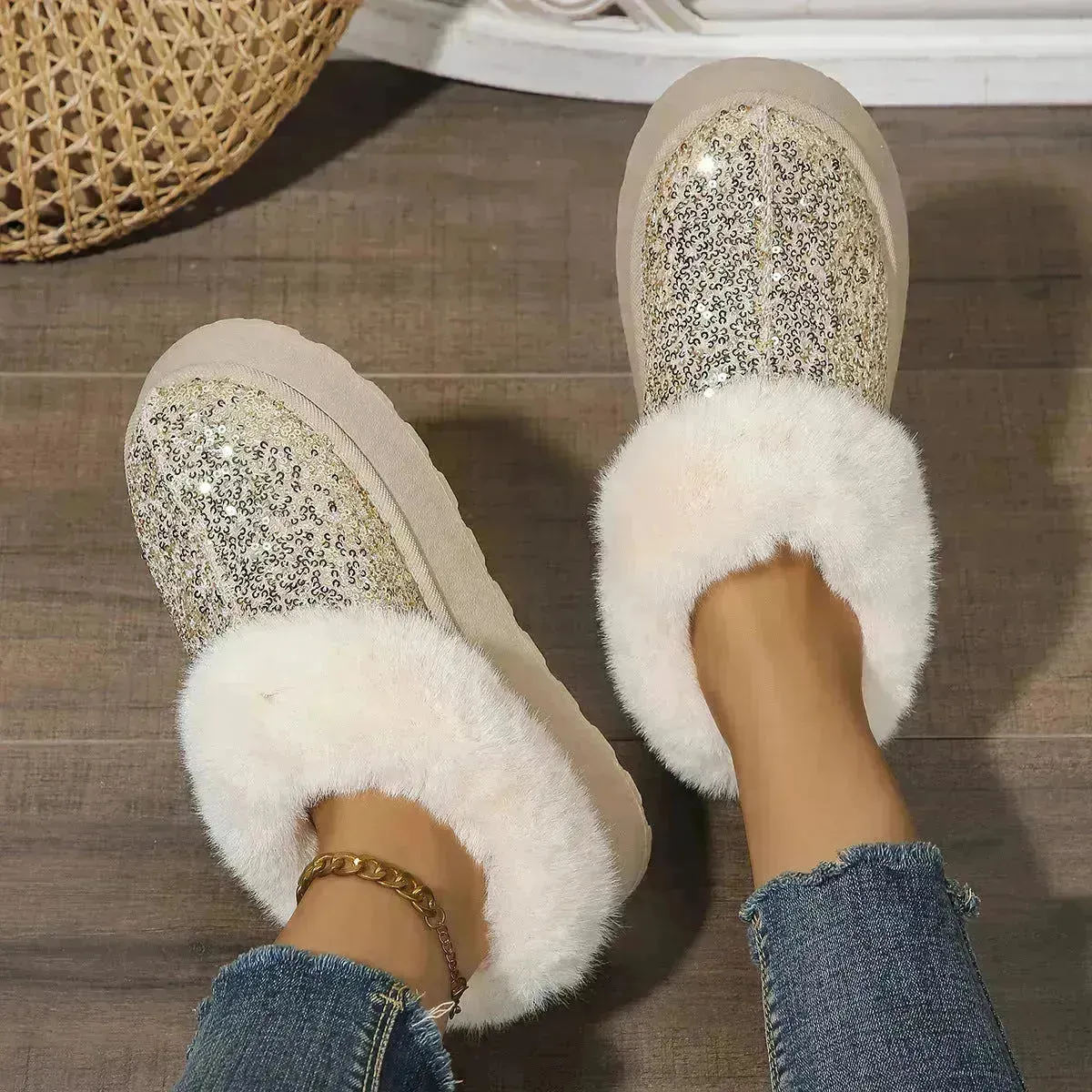 Fashion Sequined Autumn and Winter Fleece Lined Plush indoor outdoor slippers