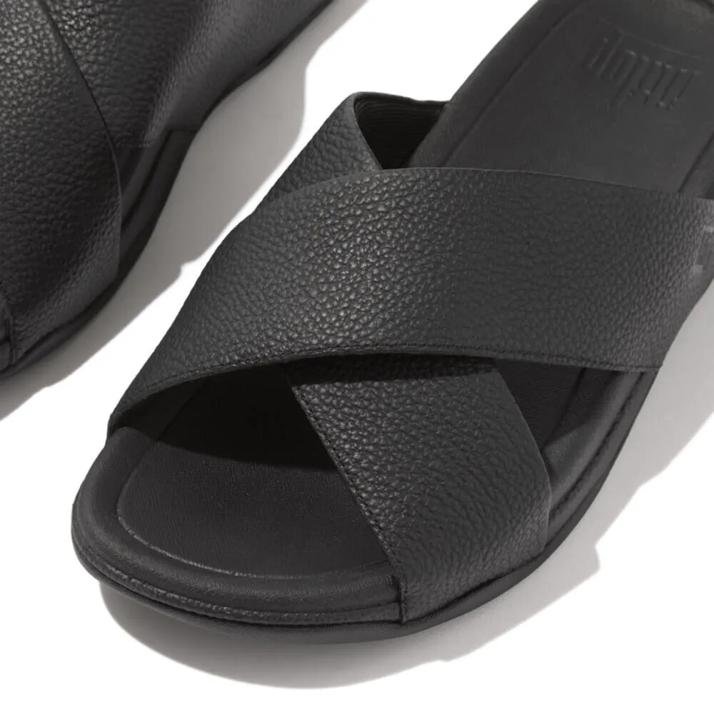 FitFlop Men's Surfer Leather Cross Slide Sandals - Black