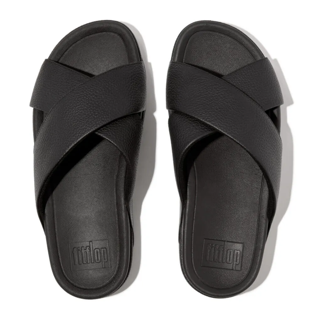 FitFlop Men's Surfer Leather Cross Slide Sandals - Black