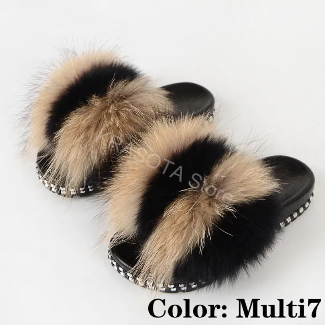 Fur Slippers Women House Fluffy Slippers Home Female Furry Slides Indoor Summer Real Fur Flip Flops Ladies Luxury Sandals Shoes