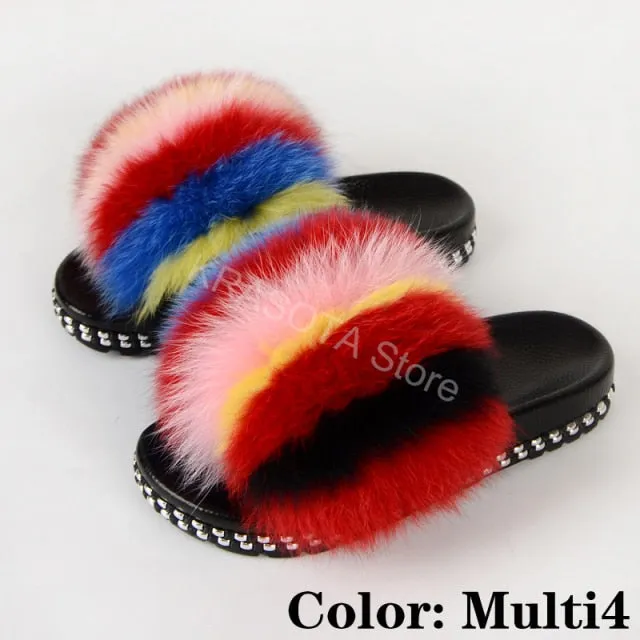 Fur Slippers Women House Fluffy Slippers Home Female Furry Slides Indoor Summer Real Fur Flip Flops Ladies Luxury Sandals Shoes