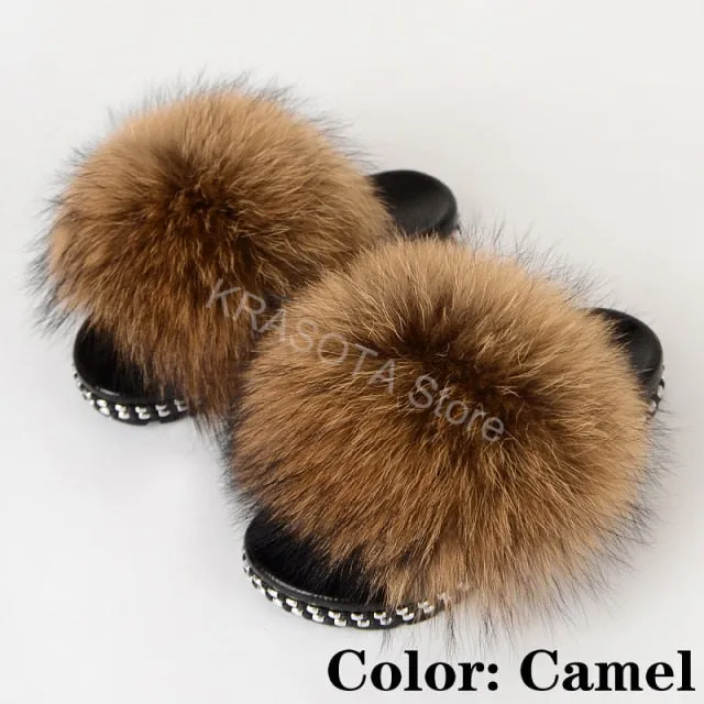 Fur Slippers Women House Fluffy Slippers Home Female Furry Slides Indoor Summer Real Fur Flip Flops Ladies Luxury Sandals Shoes