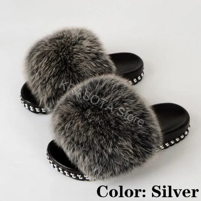 Fur Slippers Women House Fluffy Slippers Home Female Furry Slides Indoor Summer Real Fur Flip Flops Ladies Luxury Sandals Shoes