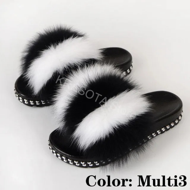 Fur Slippers Women House Fluffy Slippers Home Female Furry Slides Indoor Summer Real Fur Flip Flops Ladies Luxury Sandals Shoes