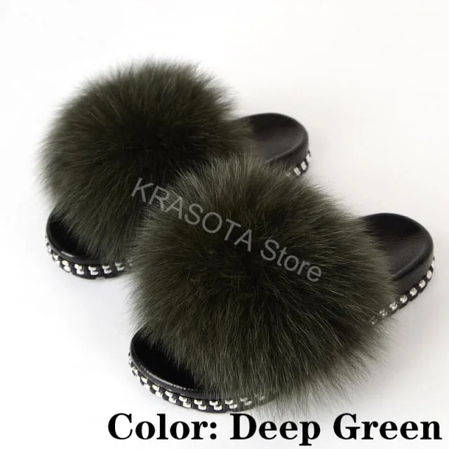 Fur Slippers Women House Fluffy Slippers Home Female Furry Slides Indoor Summer Real Fur Flip Flops Ladies Luxury Sandals Shoes