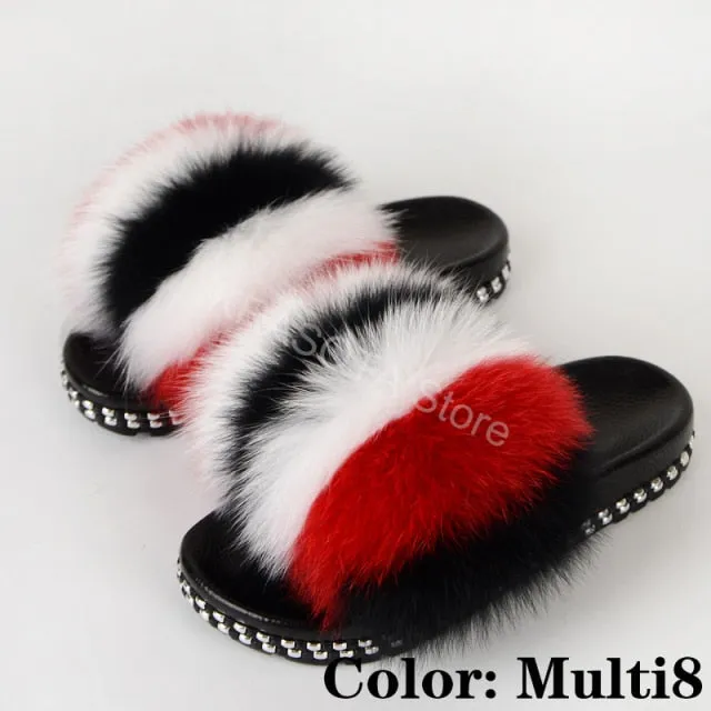 Fur Slippers Women House Fluffy Slippers Home Female Furry Slides Indoor Summer Real Fur Flip Flops Ladies Luxury Sandals Shoes