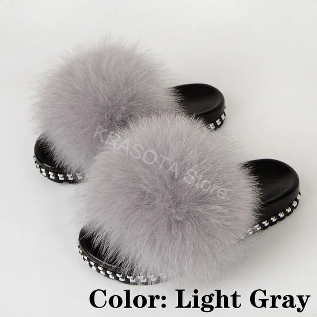 Fur Slippers Women House Fluffy Slippers Home Female Furry Slides Indoor Summer Real Fur Flip Flops Ladies Luxury Sandals Shoes