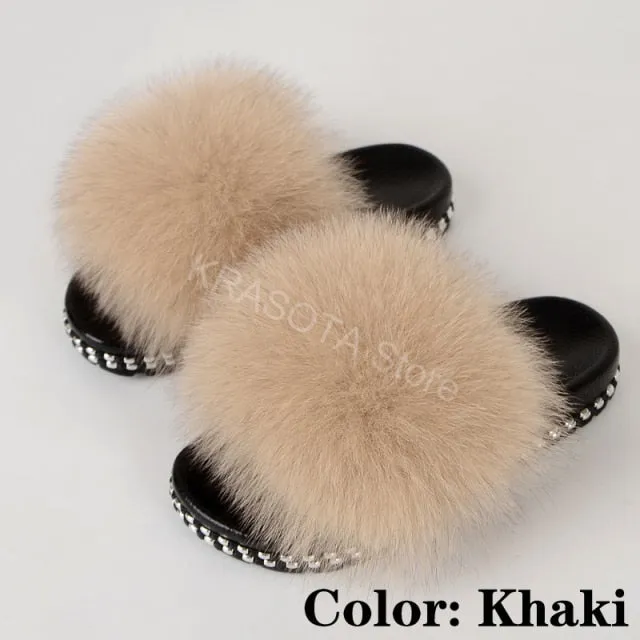 Fur Slippers Women House Fluffy Slippers Home Female Furry Slides Indoor Summer Real Fur Flip Flops Ladies Luxury Sandals Shoes