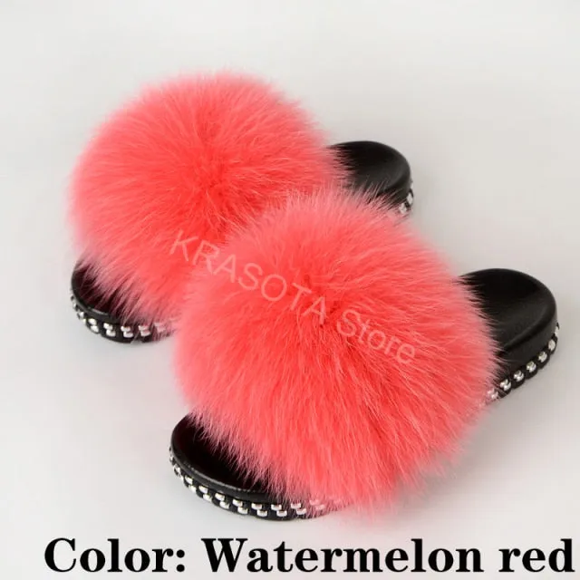 Fur Slippers Women House Fluffy Slippers Home Female Furry Slides Indoor Summer Real Fur Flip Flops Ladies Luxury Sandals Shoes